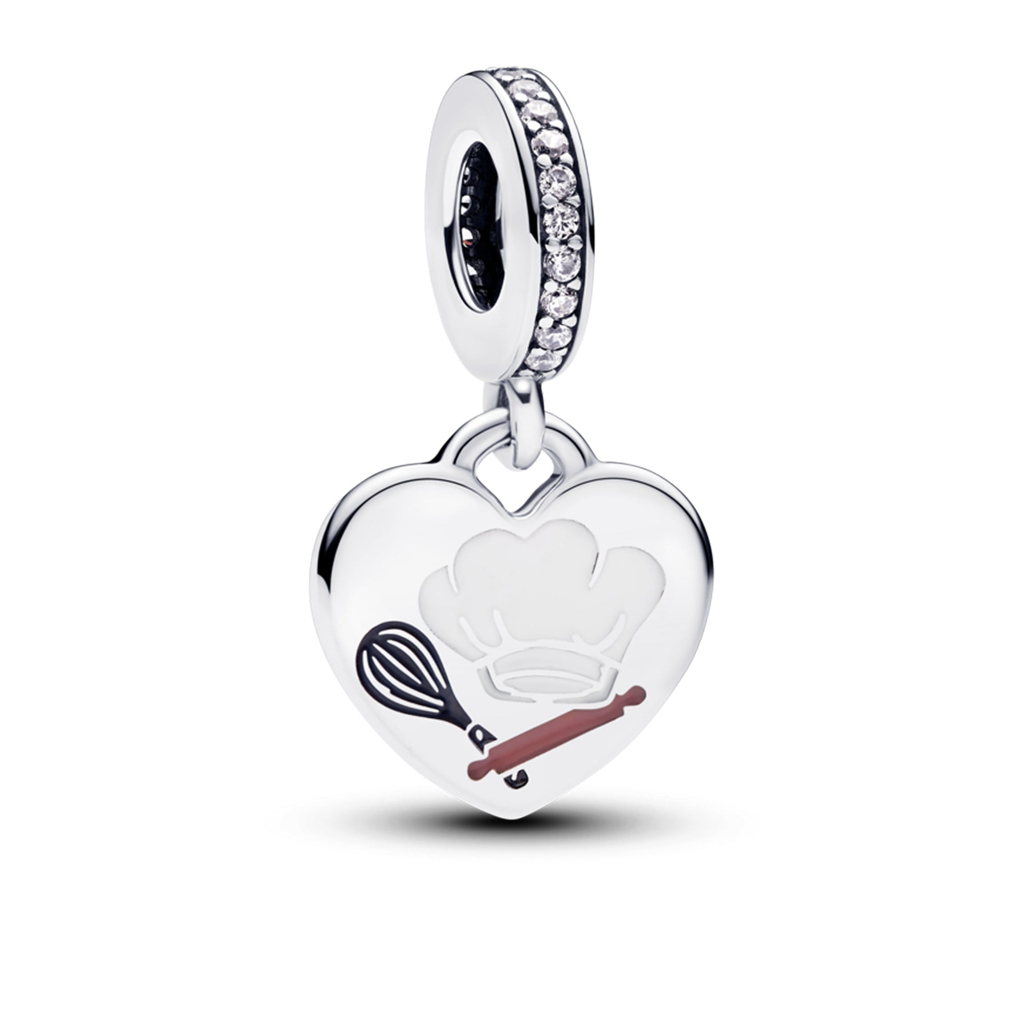Baking Tools Heart Sterling Silver Dangle With Clear Cubic Zirconia, White, Black And Brown Enamel