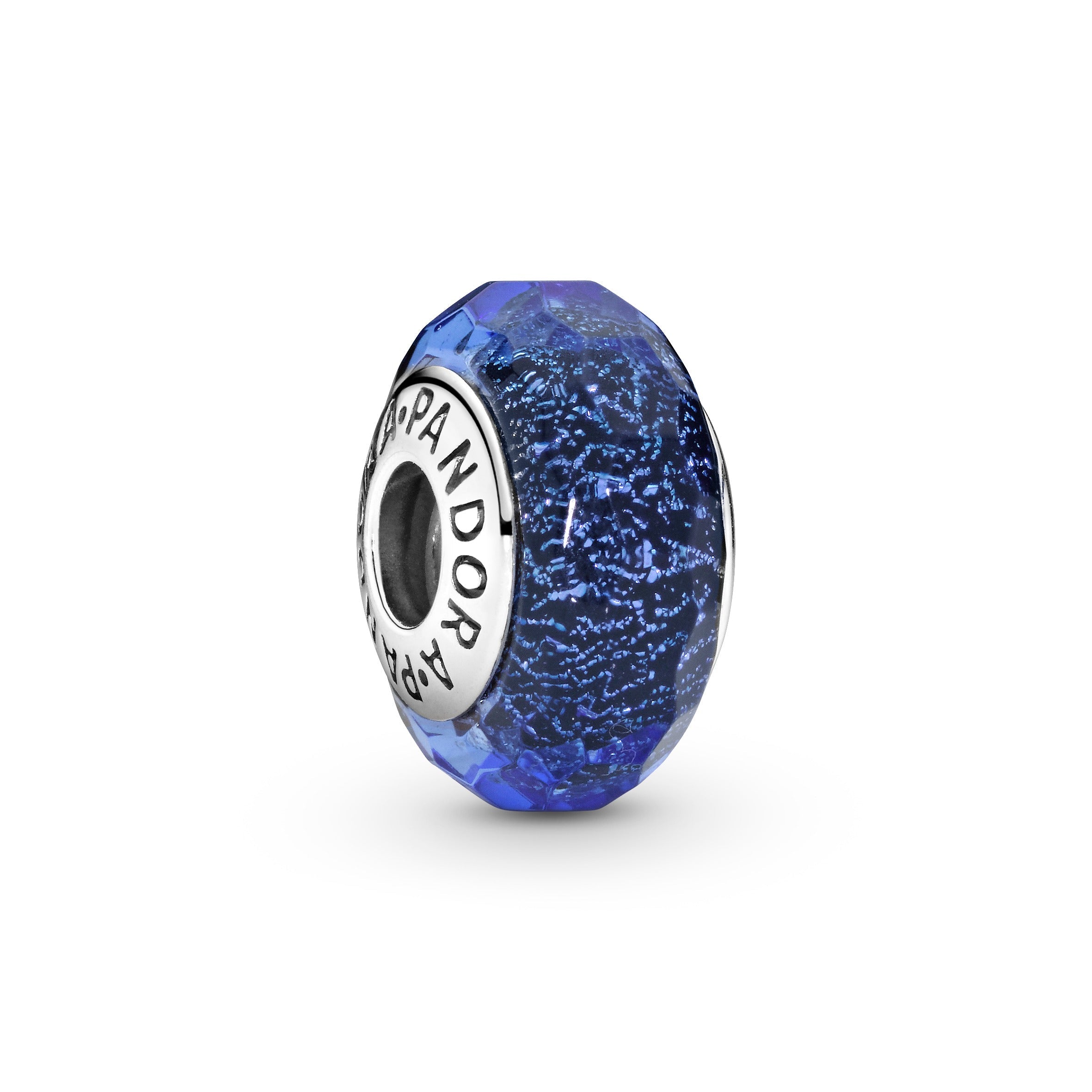 Abstract Silver Charm With Faceted Iridescent Blue Murano Glass