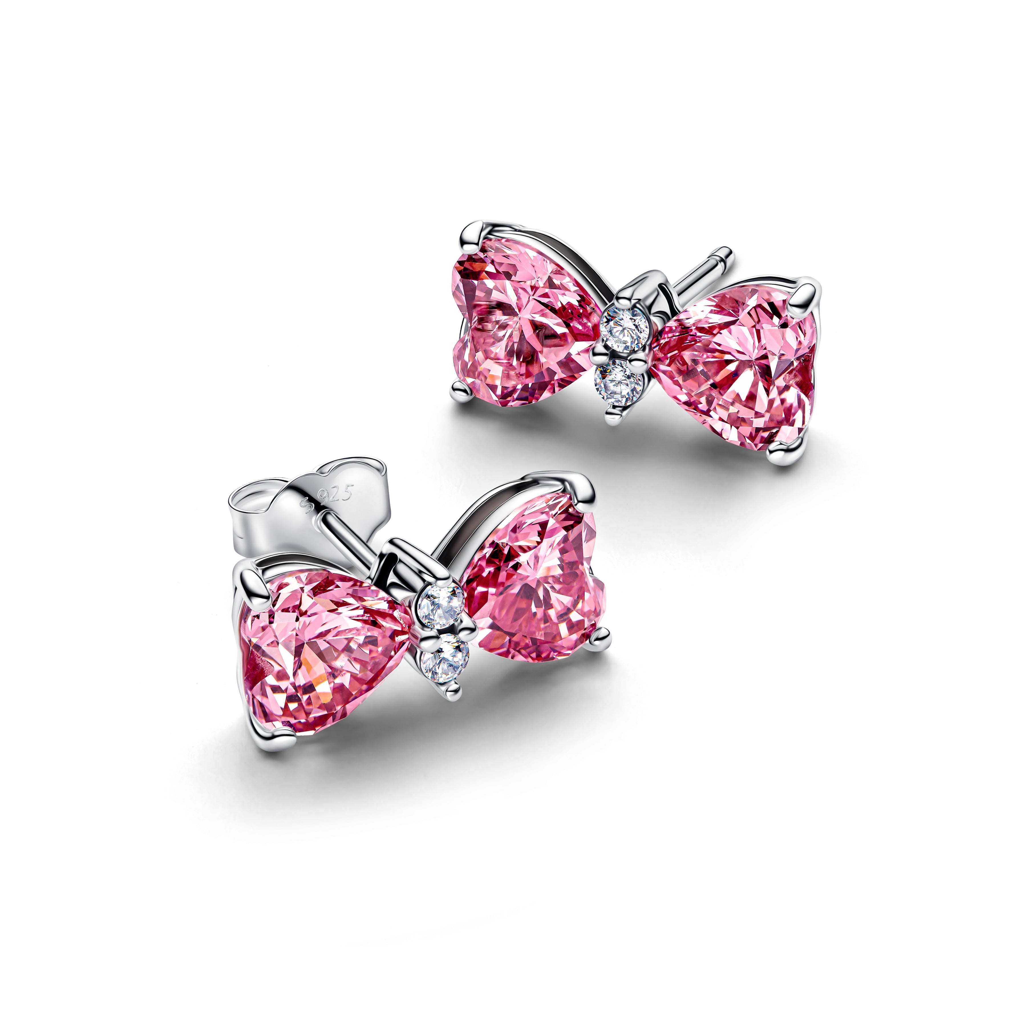 Bow Sterling Silver Stud Earrings With Fancy Pink And Clear Cubic Zirconia