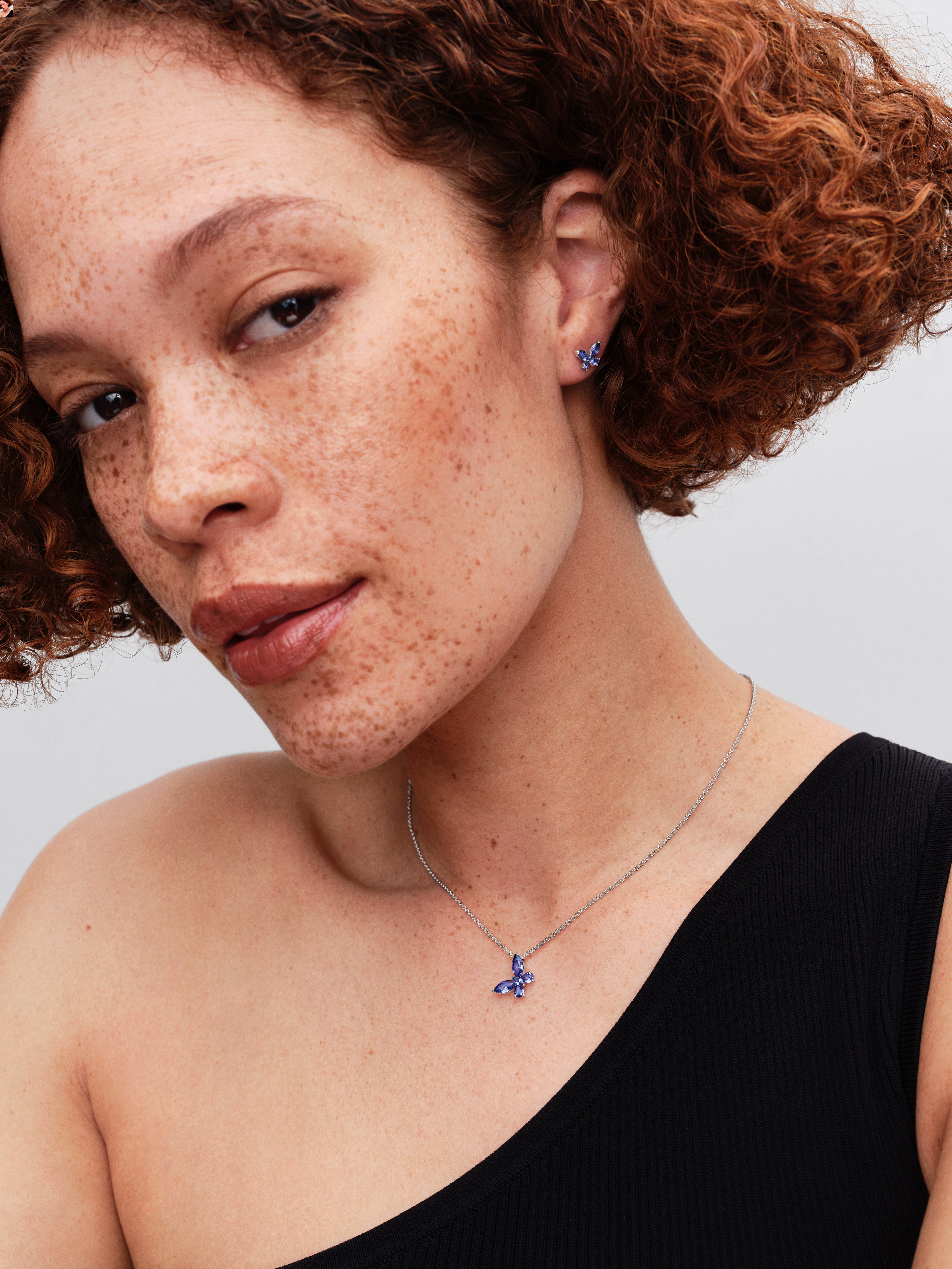Butterfly Sterling Silver Collier With Cornflower Blue Crystal And Clear Cubic Zirconia