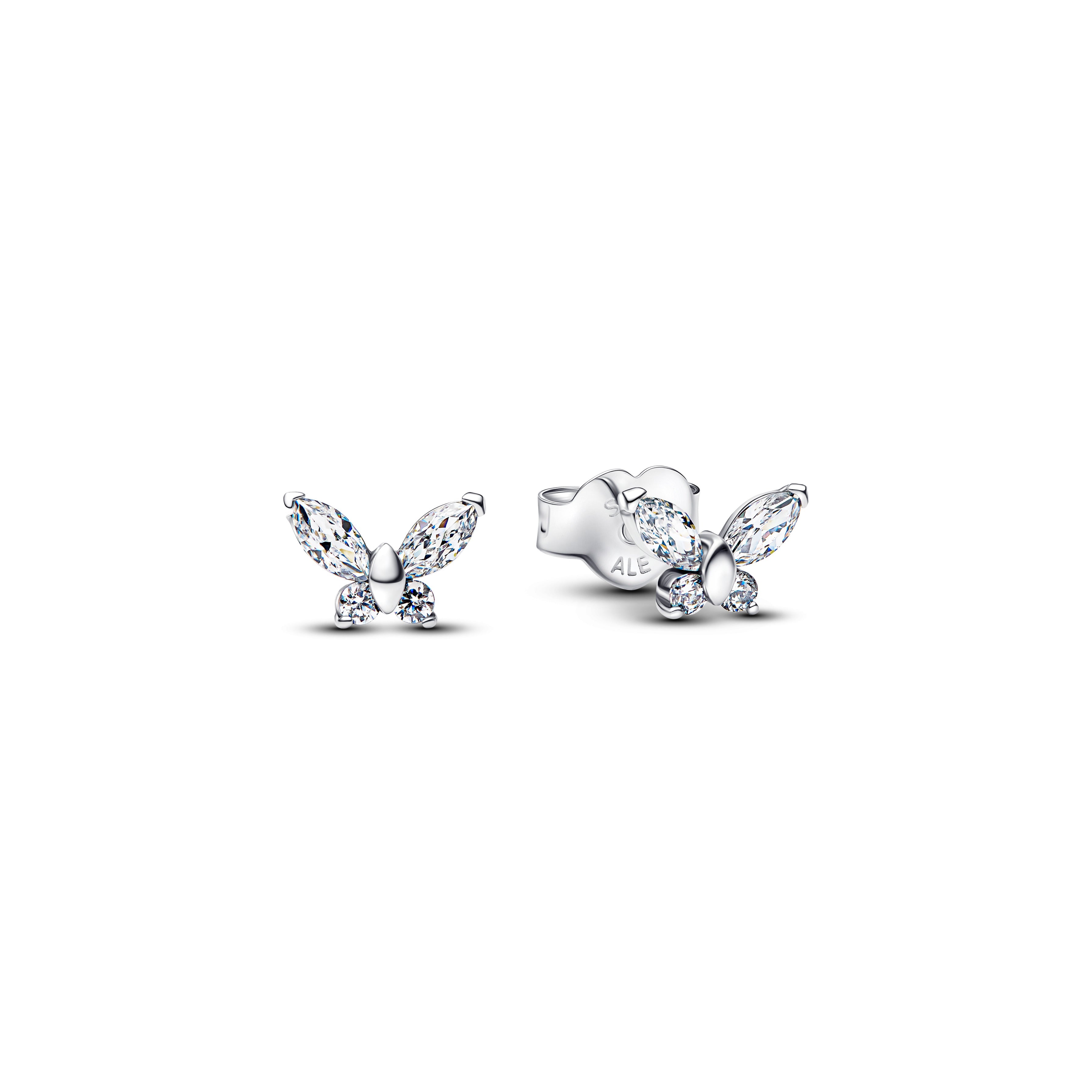 Butterfly Sterling Silver Stud Earrings With Clear Cubic Zirconia