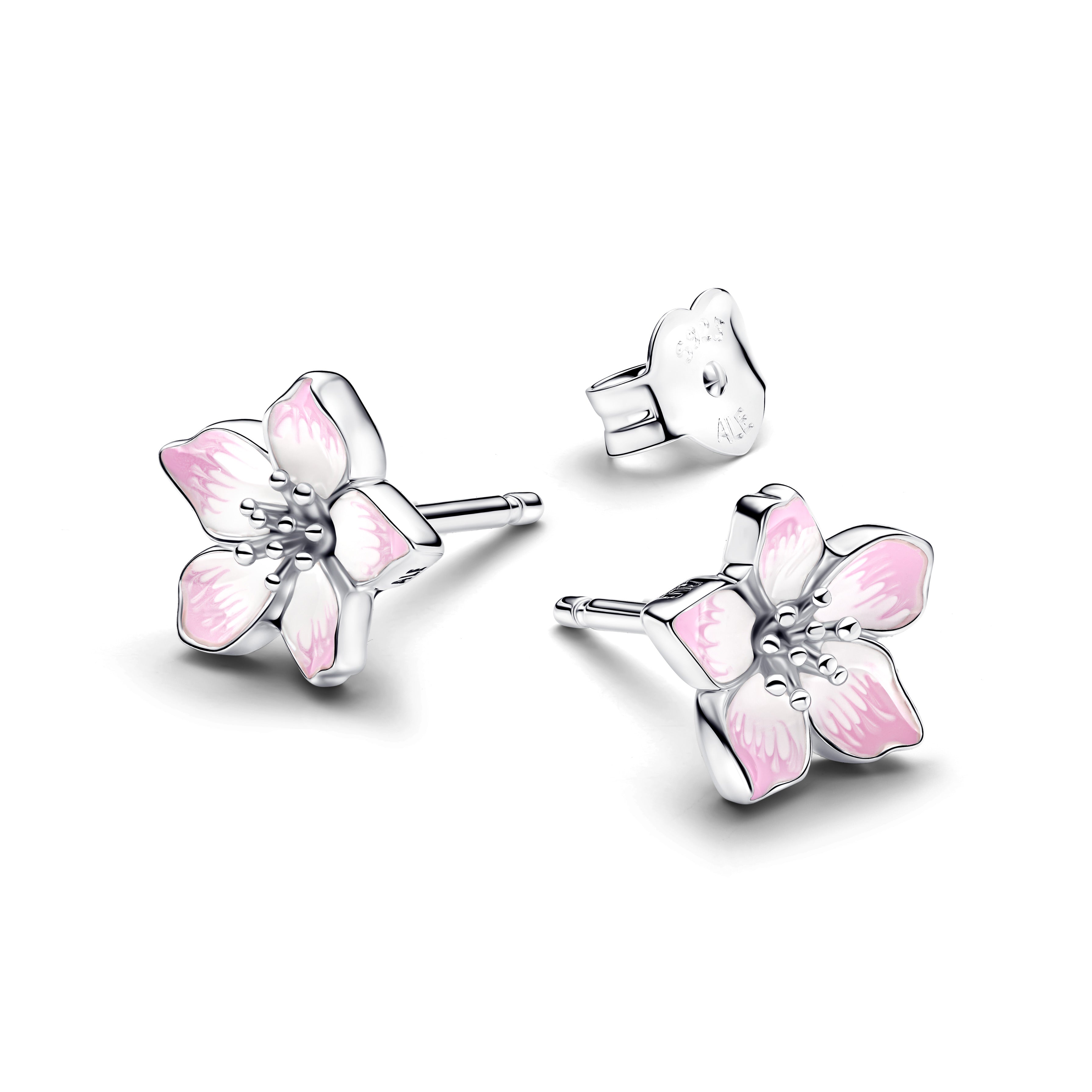 Cherry Blossom Sterling Silver Stud Earrings With Shaded Pink Enamel