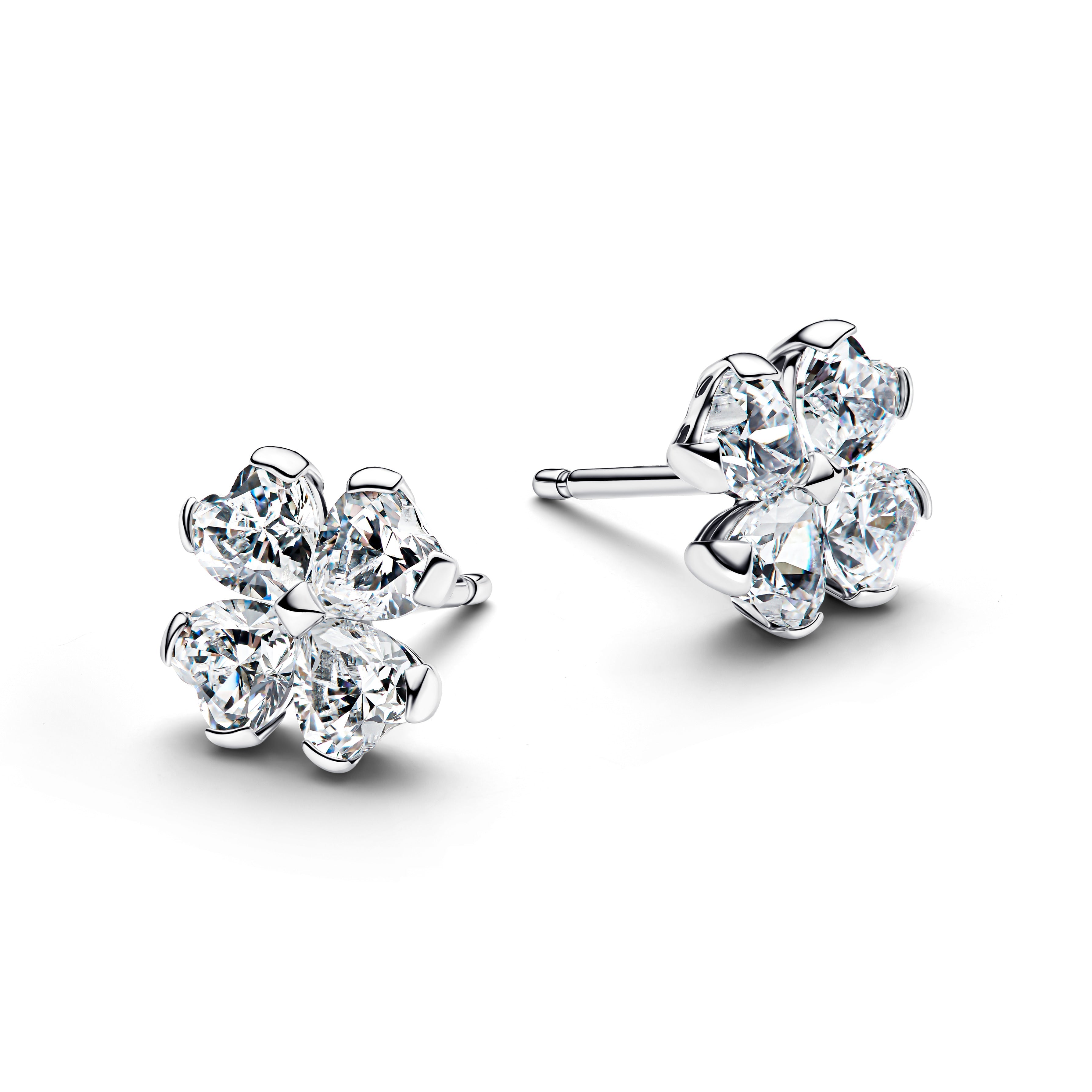 Clover Sterling Silver Stud Earrings With Clear Cubic Zirconia