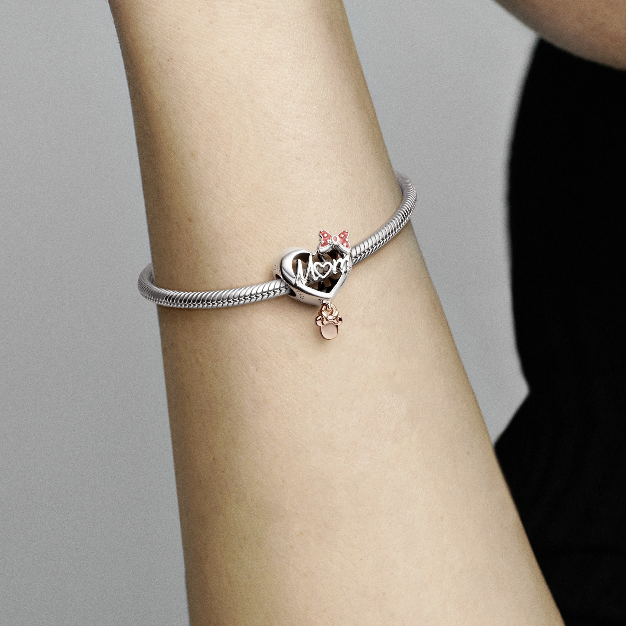 Disney Minnie Mouse Mom Heart Sterling Silver And 14K Rose Gold-Plated Charm With Red Enamel