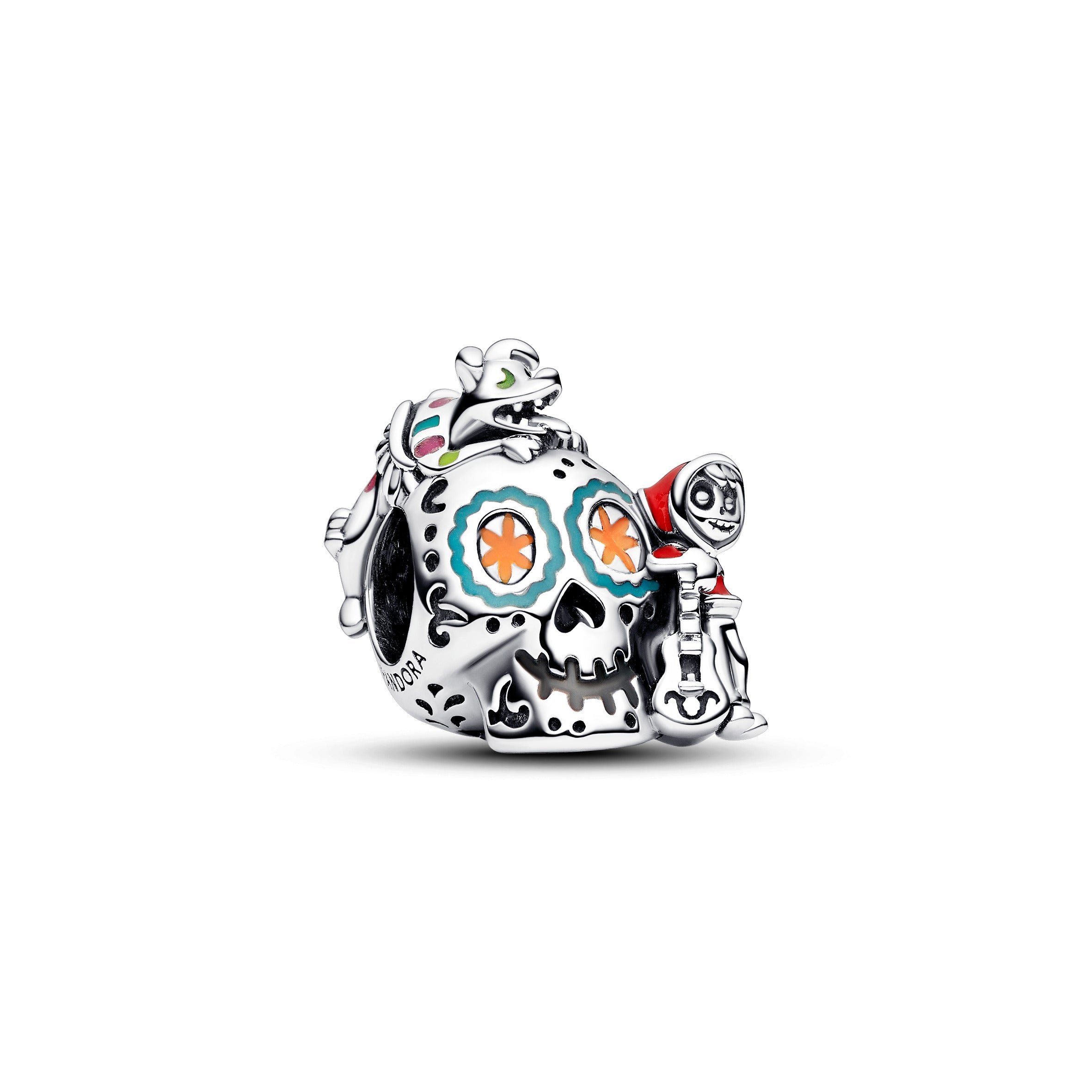 Disney Pixar Coco Skull Sterling Silver Charm With Red, Green, Orange, Yellow, Pink And Glow In The Dark Enamel
