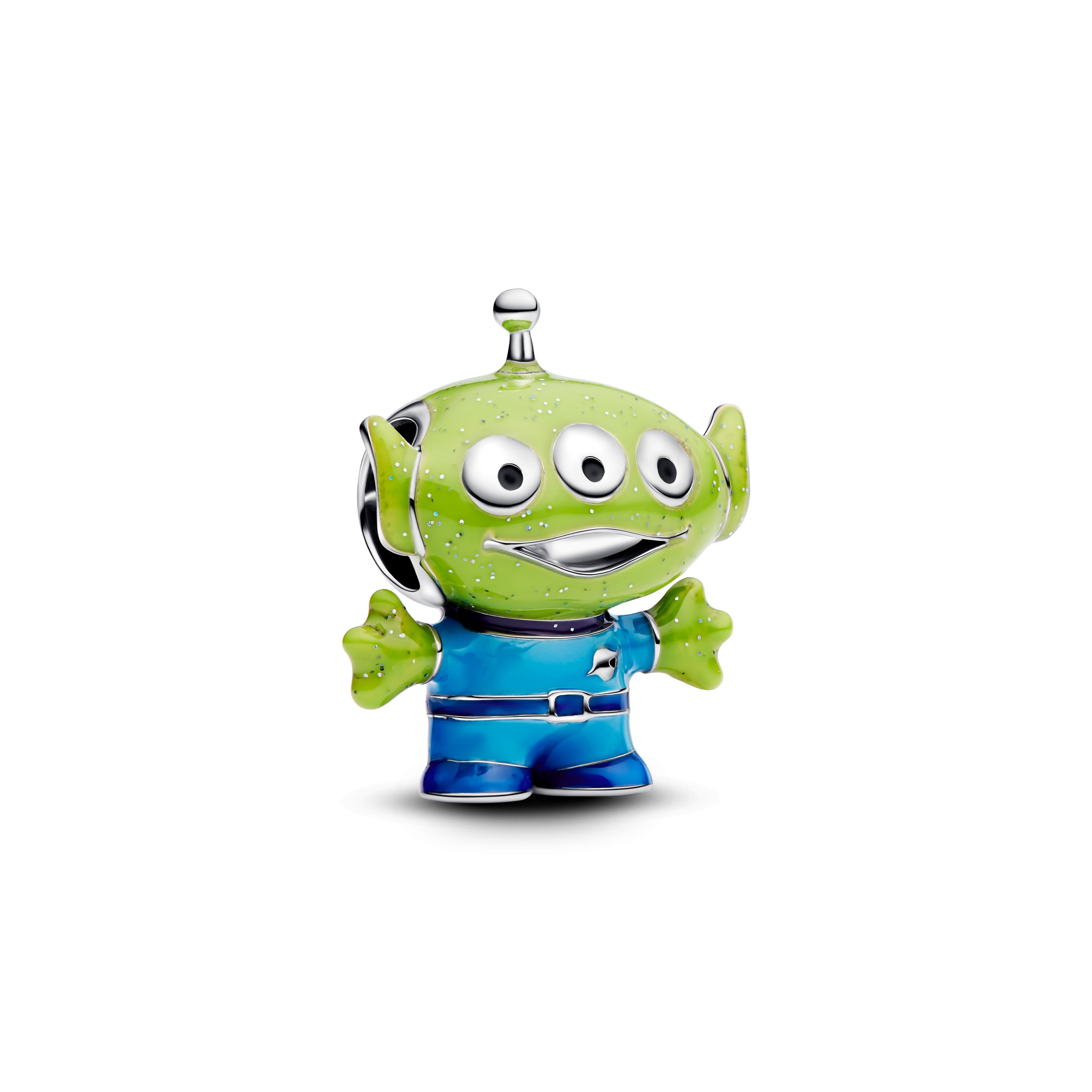 Disney Pixar Little Green Men Sterling Silver Charm With Black, Purple, Blue And Glittery Green Enamel