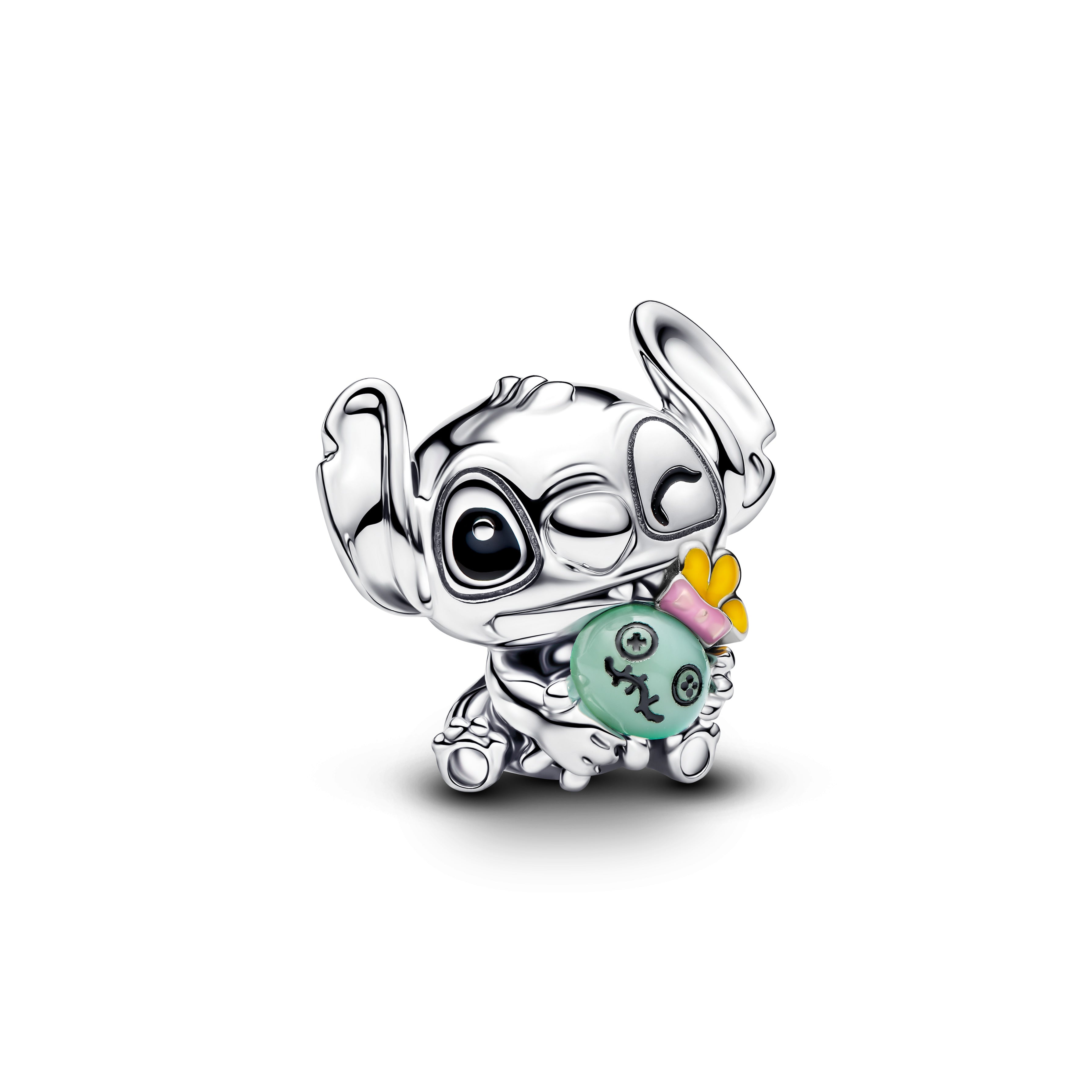 Disney Stitch Sterling Silver Charm With Green Murano Glass, Black, Pink And Yellow Enamel
