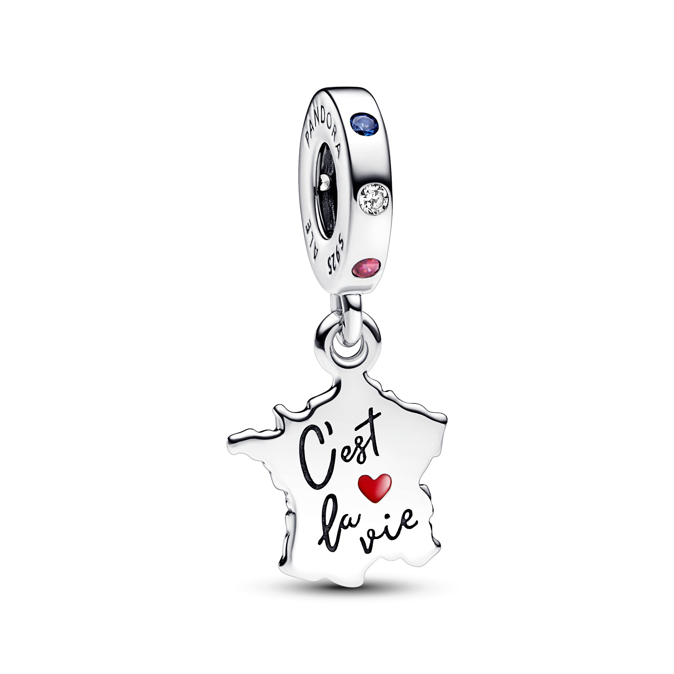France Map Sterling Silver Dangle With Stellar Blue Crystal, Red And Clear Cubic Zirconia And Red Enamel
