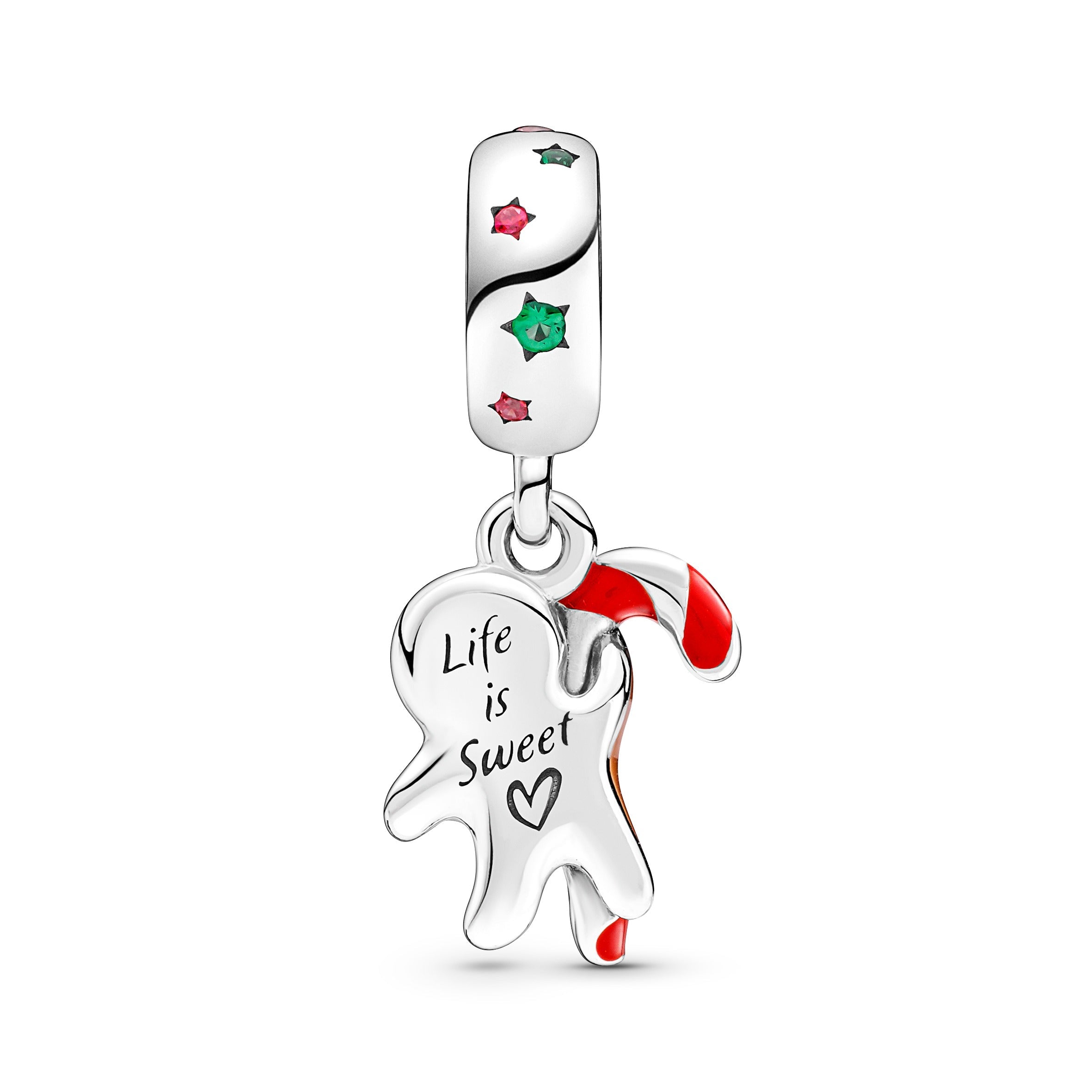 Ginger Bread Man With Candy Cane Sterling Silver Dangle With Spectra Green Crystal, Red Cubic Zirconia, Red, Pink, Brown And Green Enamel