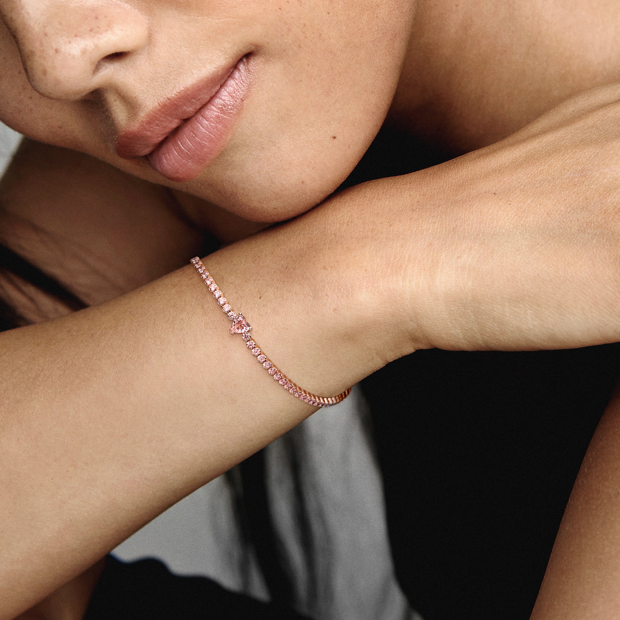 Heart 14K Rose Gold-Plated Tennis Bracelet With Orchid Pink Crystal