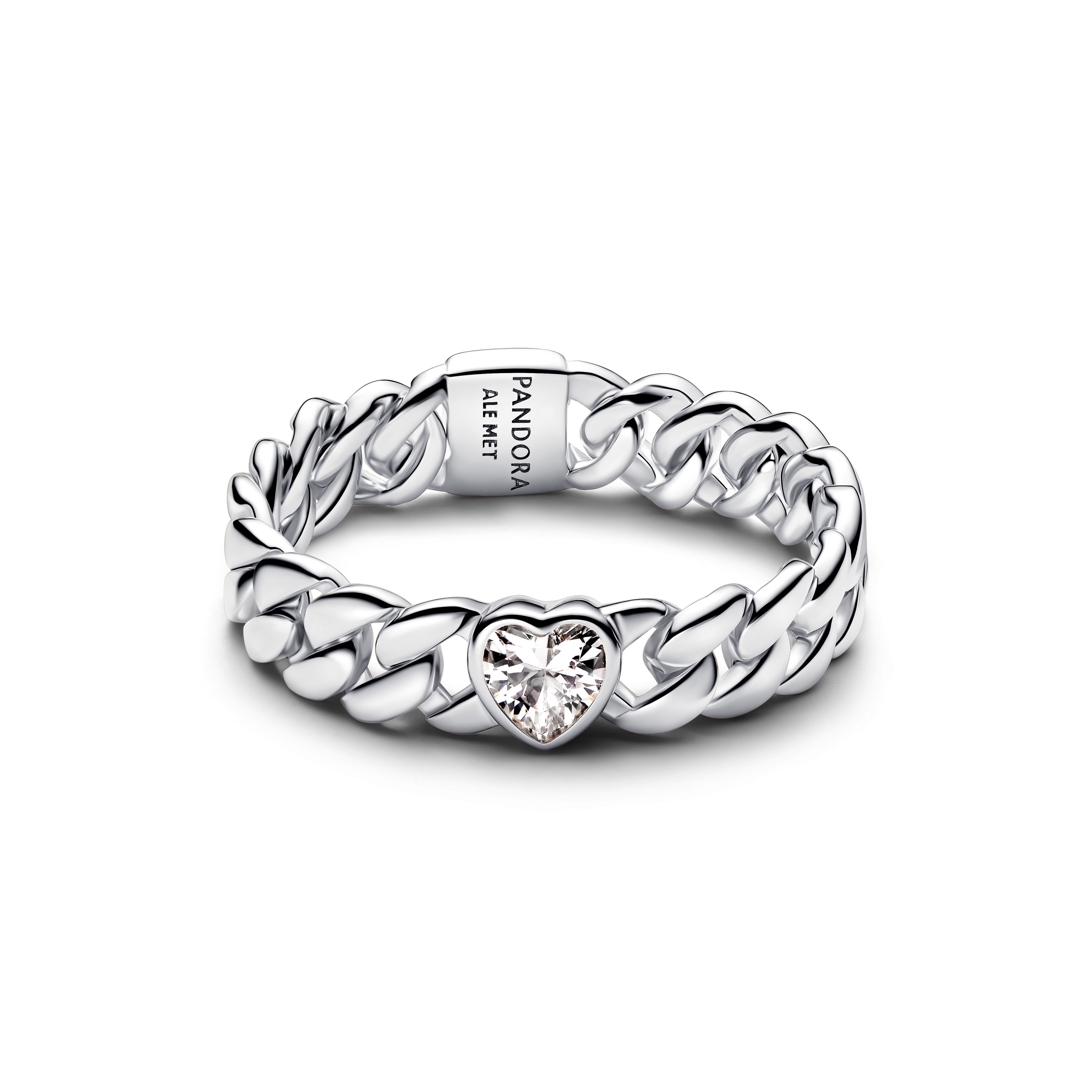 Heart Cuban Chain Sterling Silver Ring With Clear Cubic Zirconia