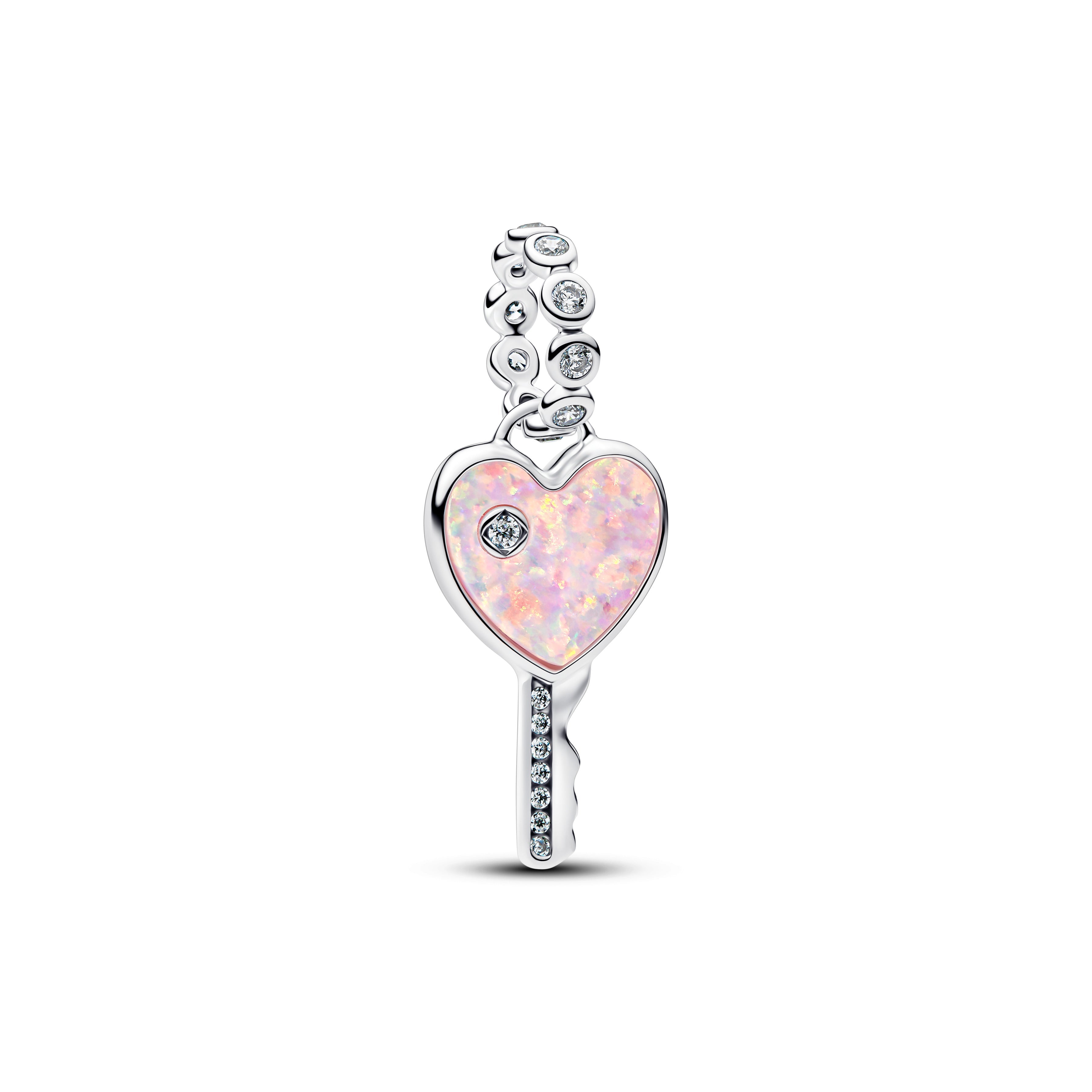 Heart Key Sterling Silver Dangle With Clear Cubic Zirconia And Lab-Created Pink Opal