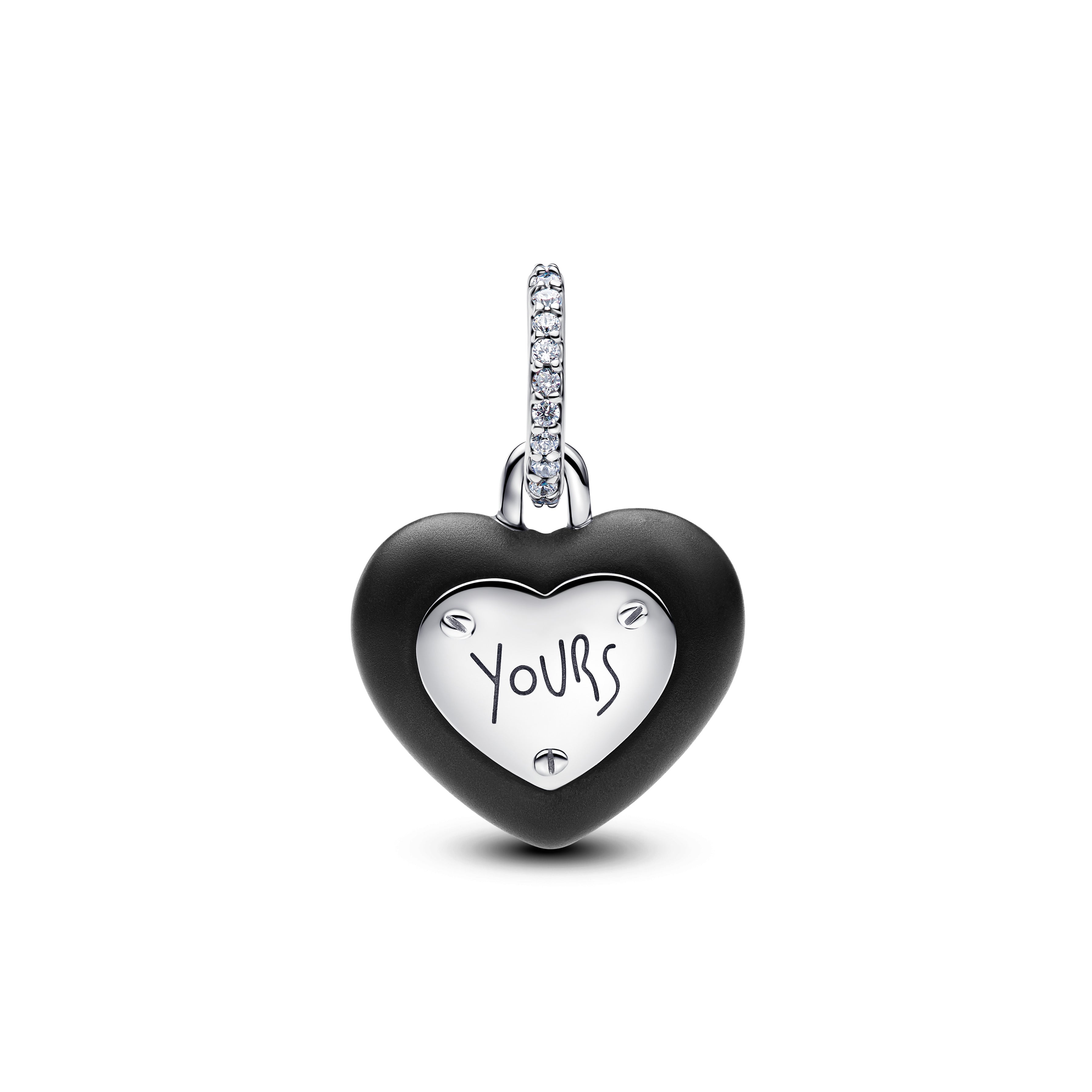 Heart Padlock Sterling Silver Dangle With Black Ceramic And Clear Cubic Zirconia