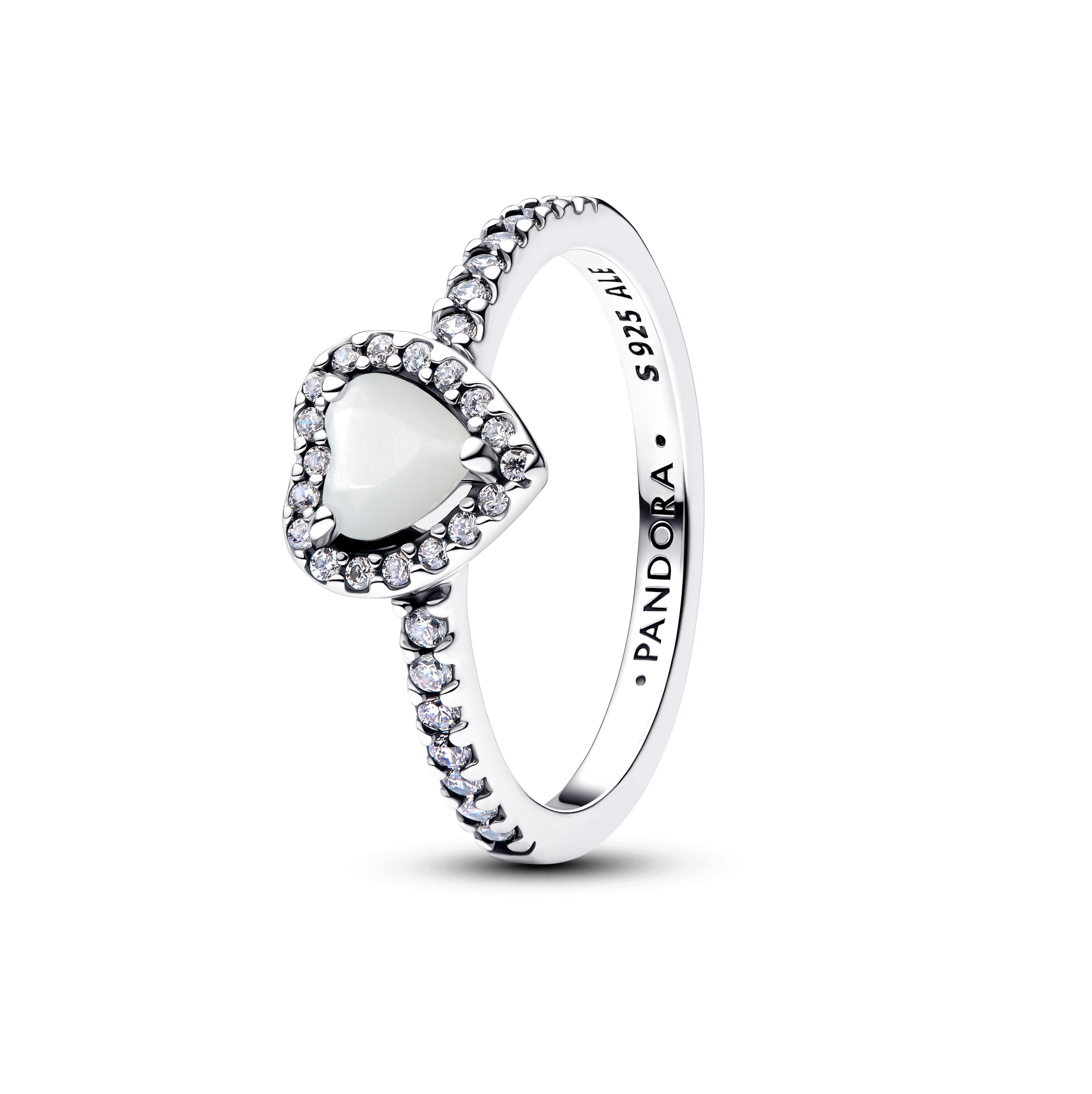 Heart Sterling Silver Ring With White Bioresin Man-Made Mother Of Pearl And Clear Cubic Zirconia