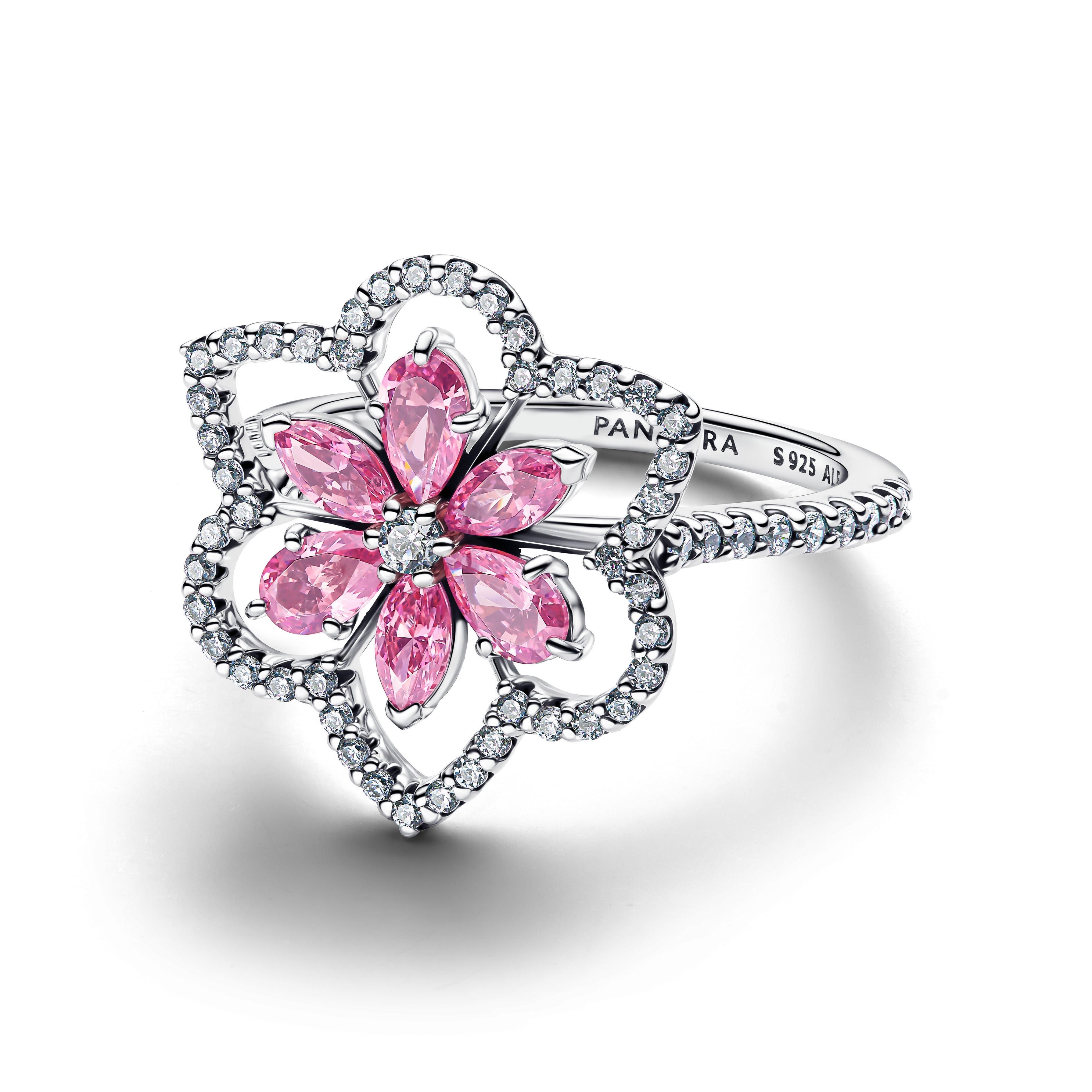 Herbarium Cluster Sterling Silver Ring With Fancy Pink And Clear Cubic Zirconia