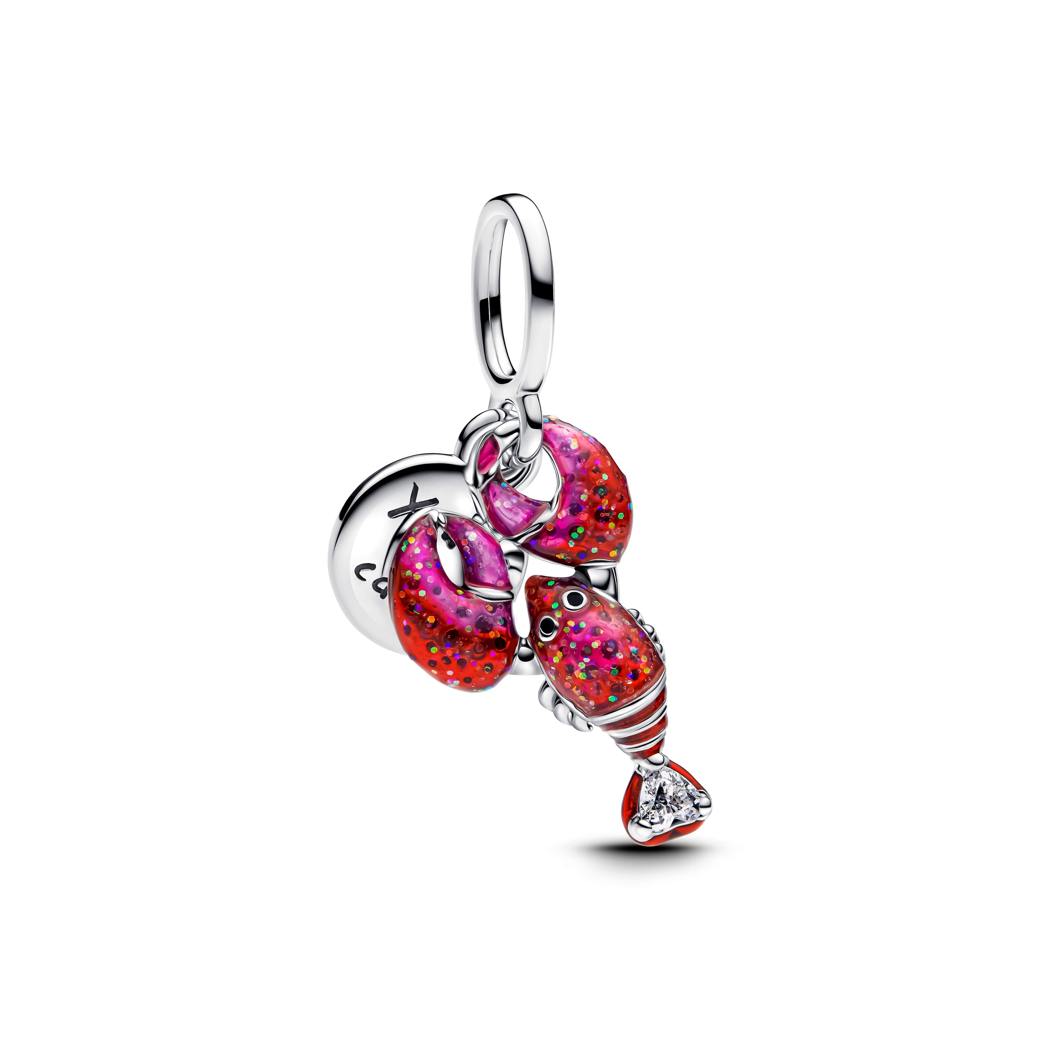 Love Lobster Sterling Silver Double Dangle With Clear Cubic Zirconia, Black, Glittery Red And Pink Enamel