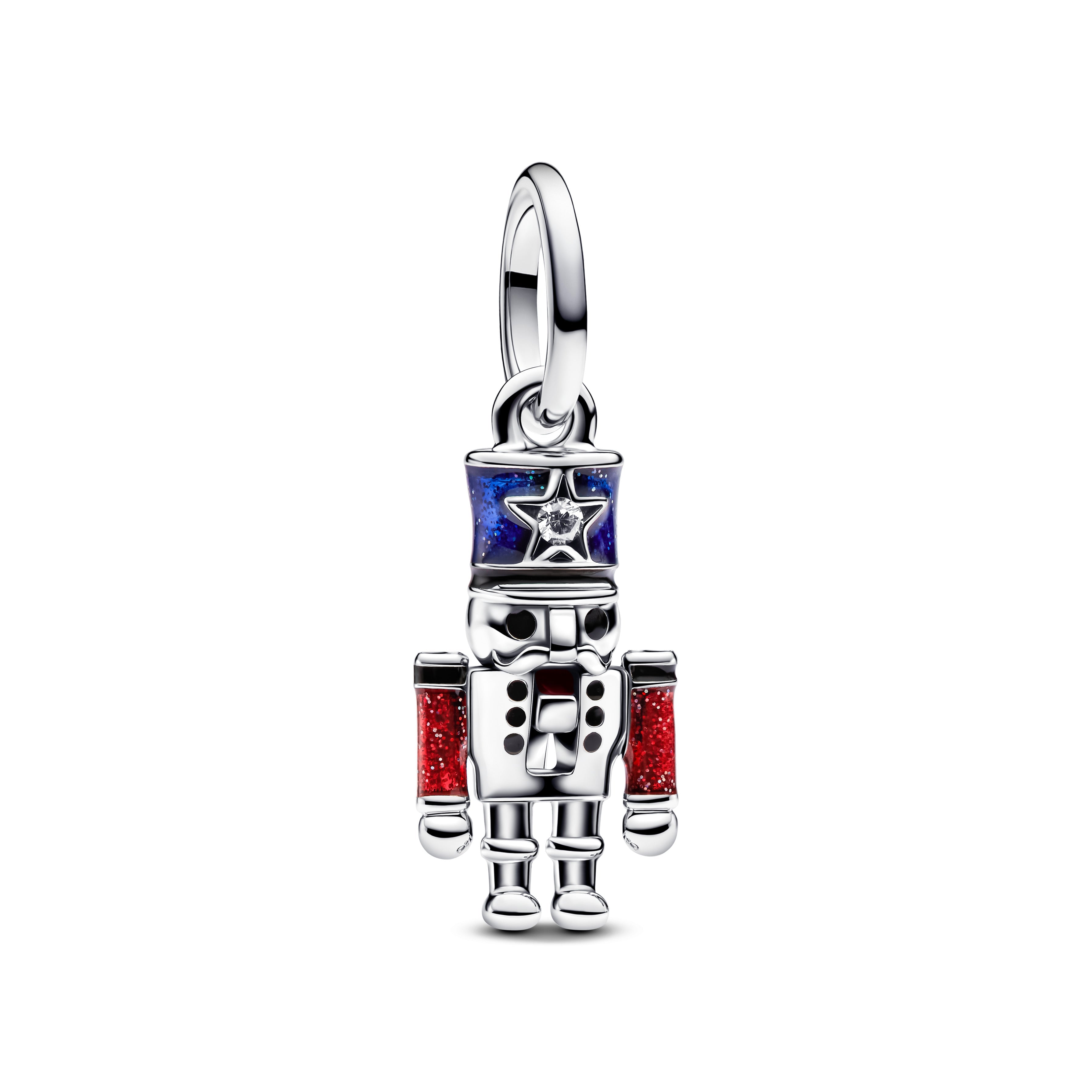Moveable Nutcracker Sterling Silver Dangle With Clear Cubic Zirconia, Glittery Blue, Red And Black Enamel