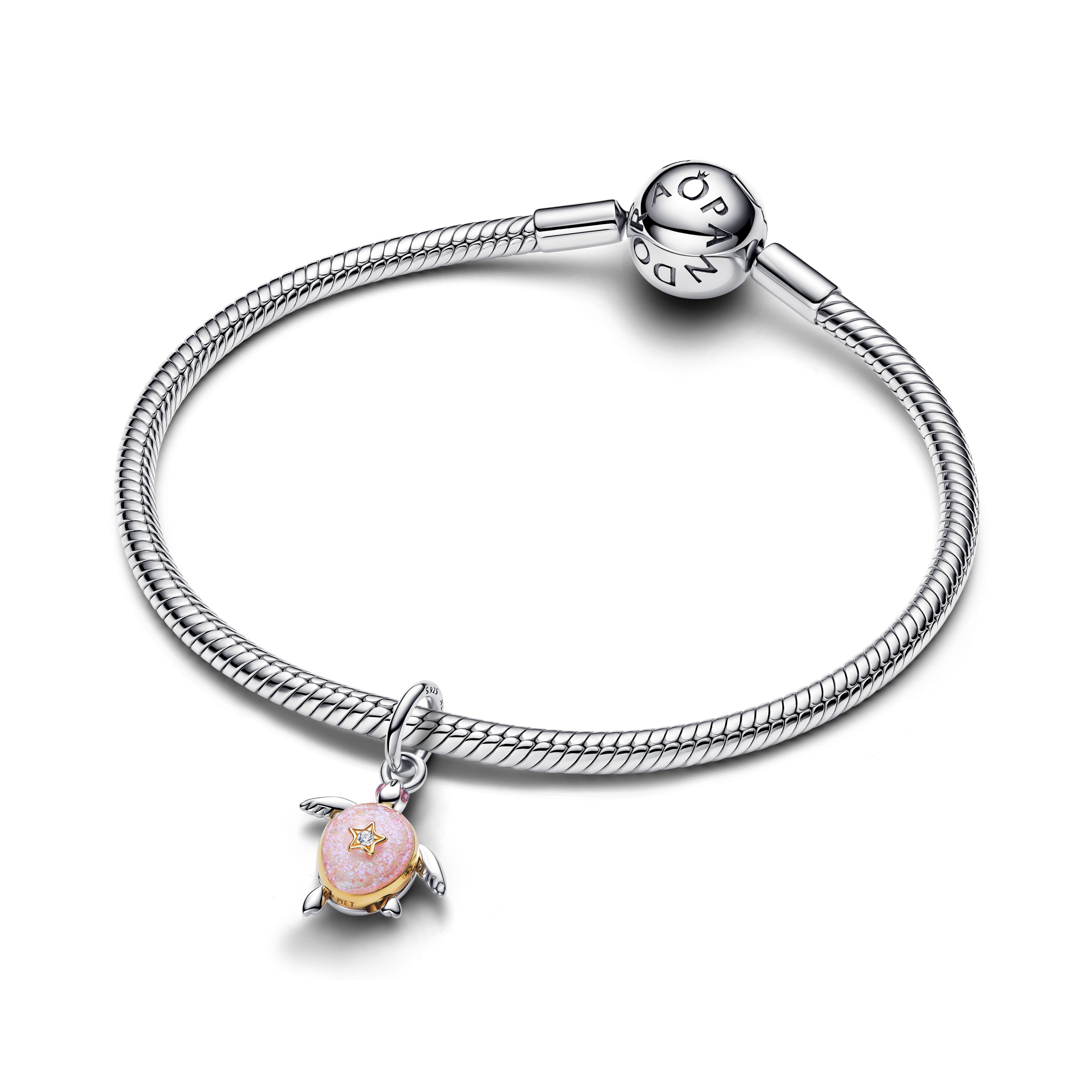 Moveable Turtle Sterling Silver And 14K Gold-Plated Dangle With 0.007 Ct Tw G-I Vs+ Round Brilliant Very Good Cut Lab-Grown Diamond And Pink