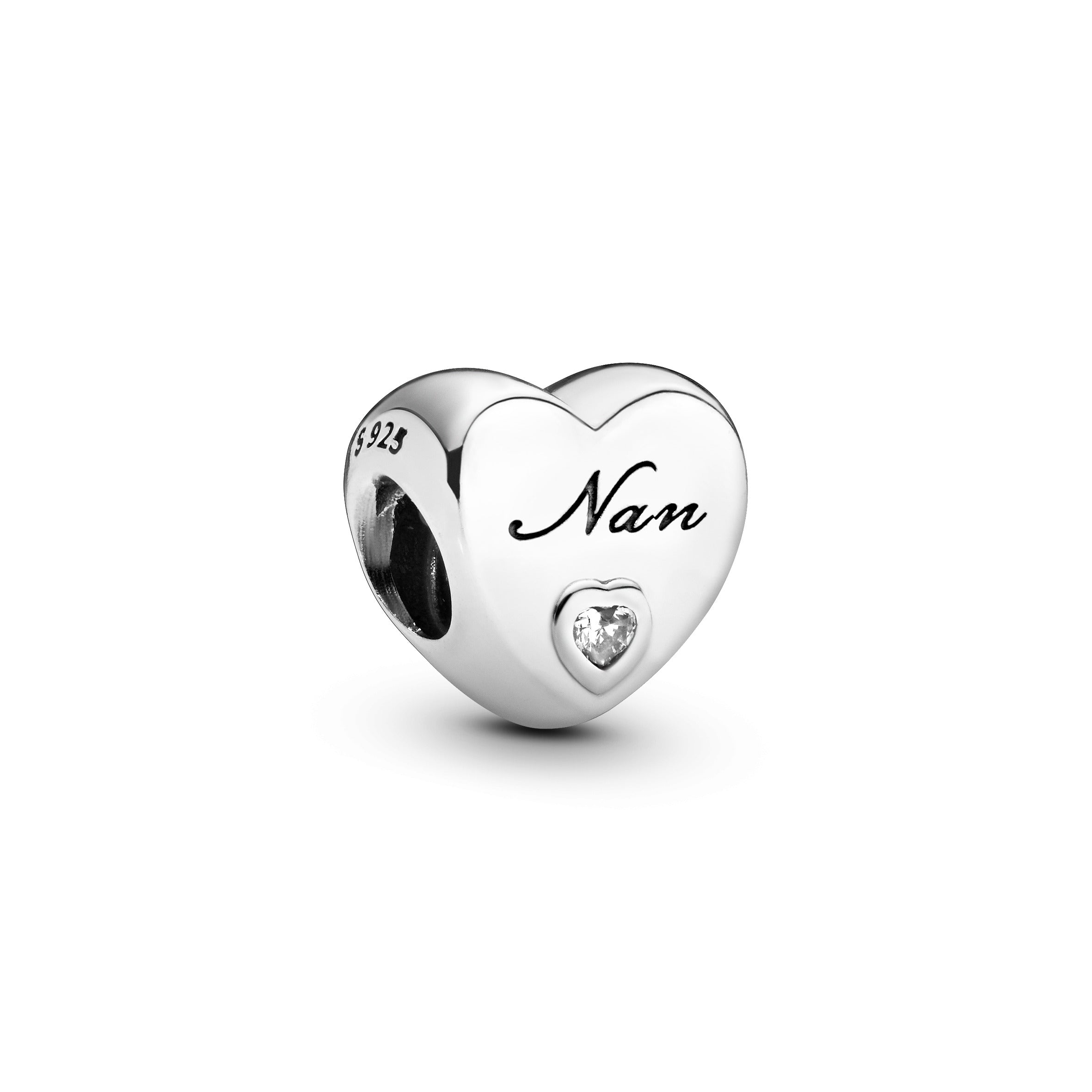 Nan Heart Silver Charm With Clear Cubic Zirconia