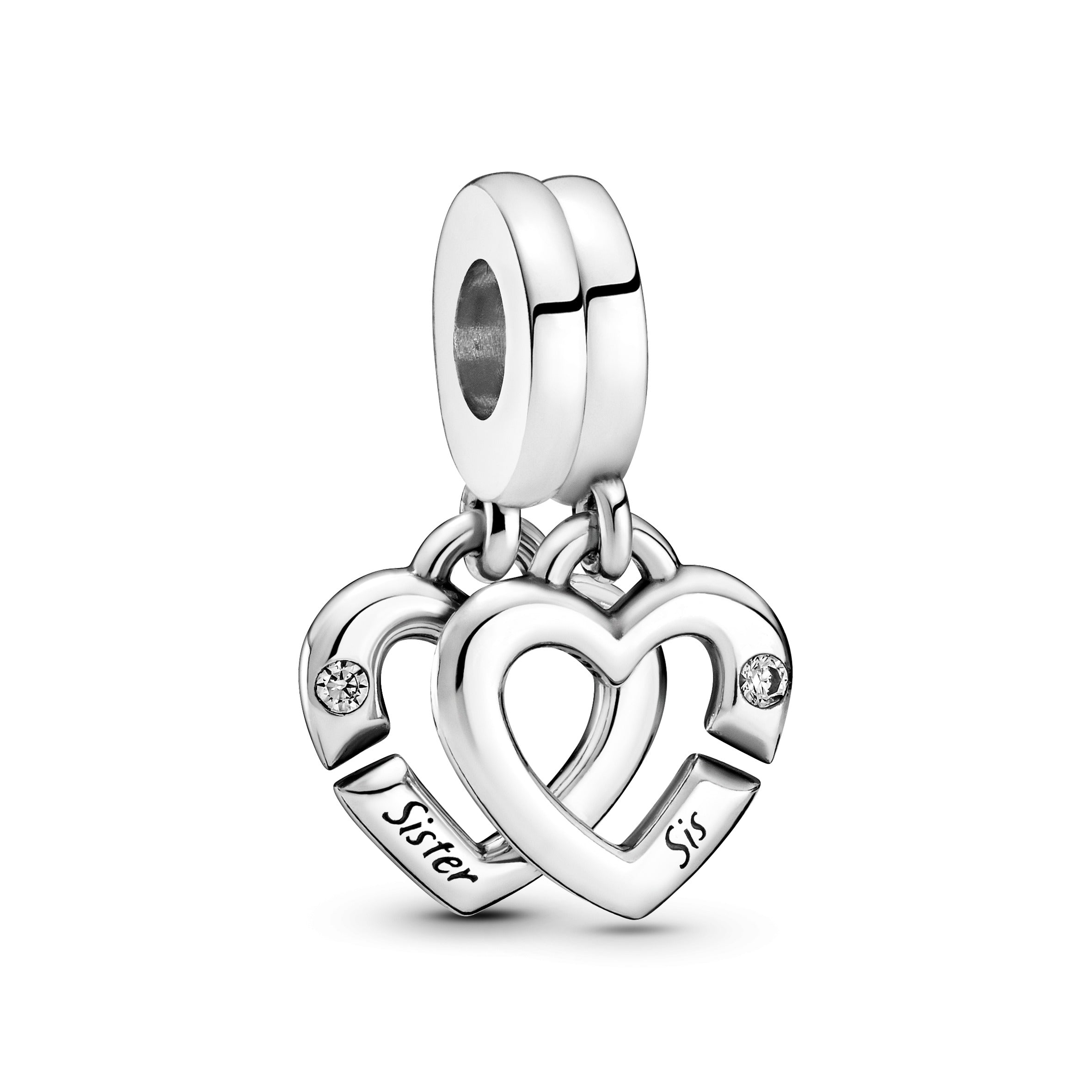Sister Hearts Sterling Silver Split Dangle With Clear Cubic Zirconia