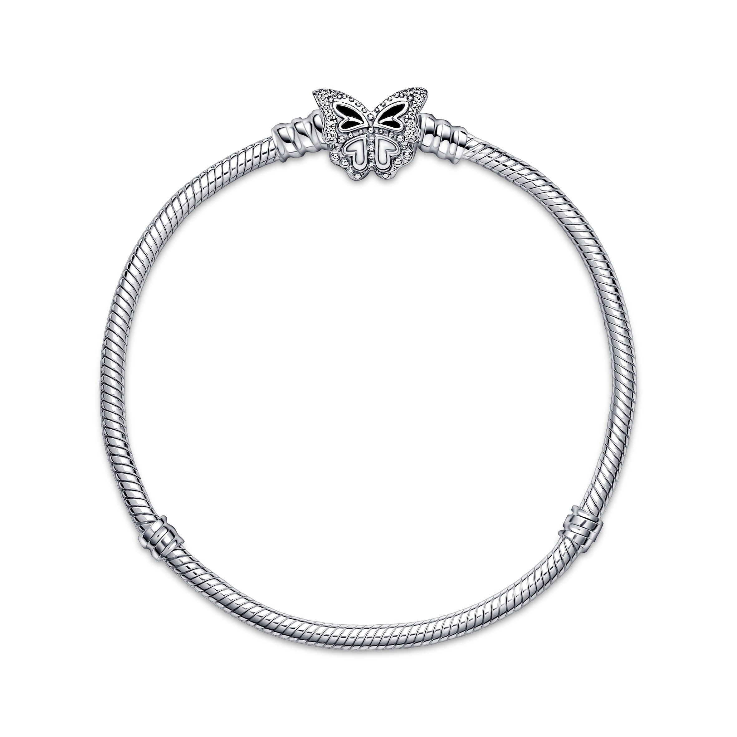 Snake Chain Sterling Silver Bracelet With Butterfly Clasp With Clear Cubic Zirconia