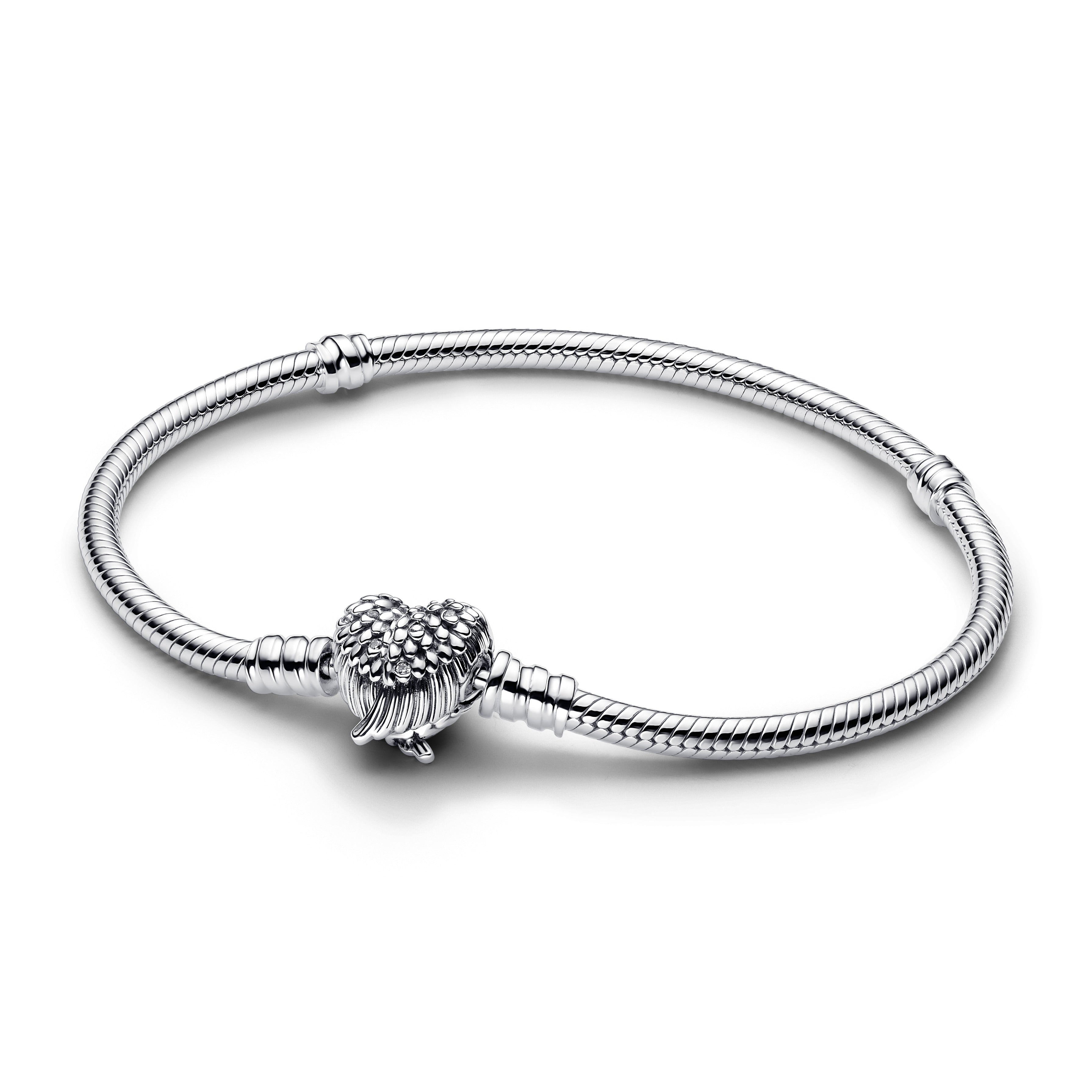 Snake Chain Sterling Silver Bracelet With Heart Wings Clasp And Clear Cubic Zirconia