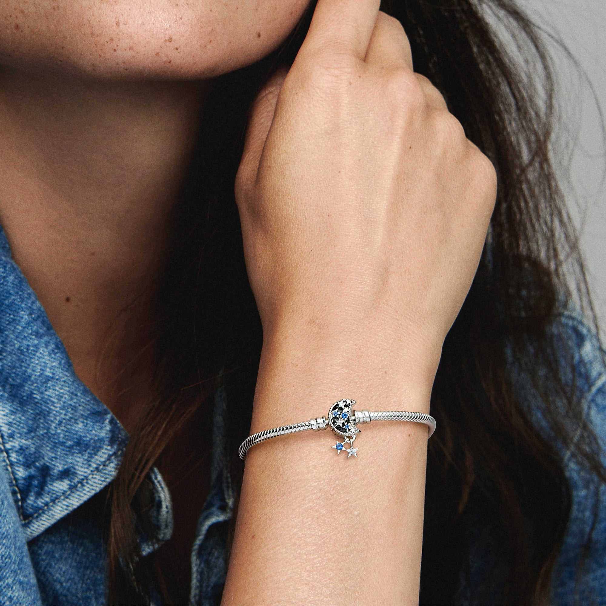 Snake Chain Sterling Silver Bracelet With Moon Clasp With Stellar Blue Crystal And Clear Cubic Zirconia