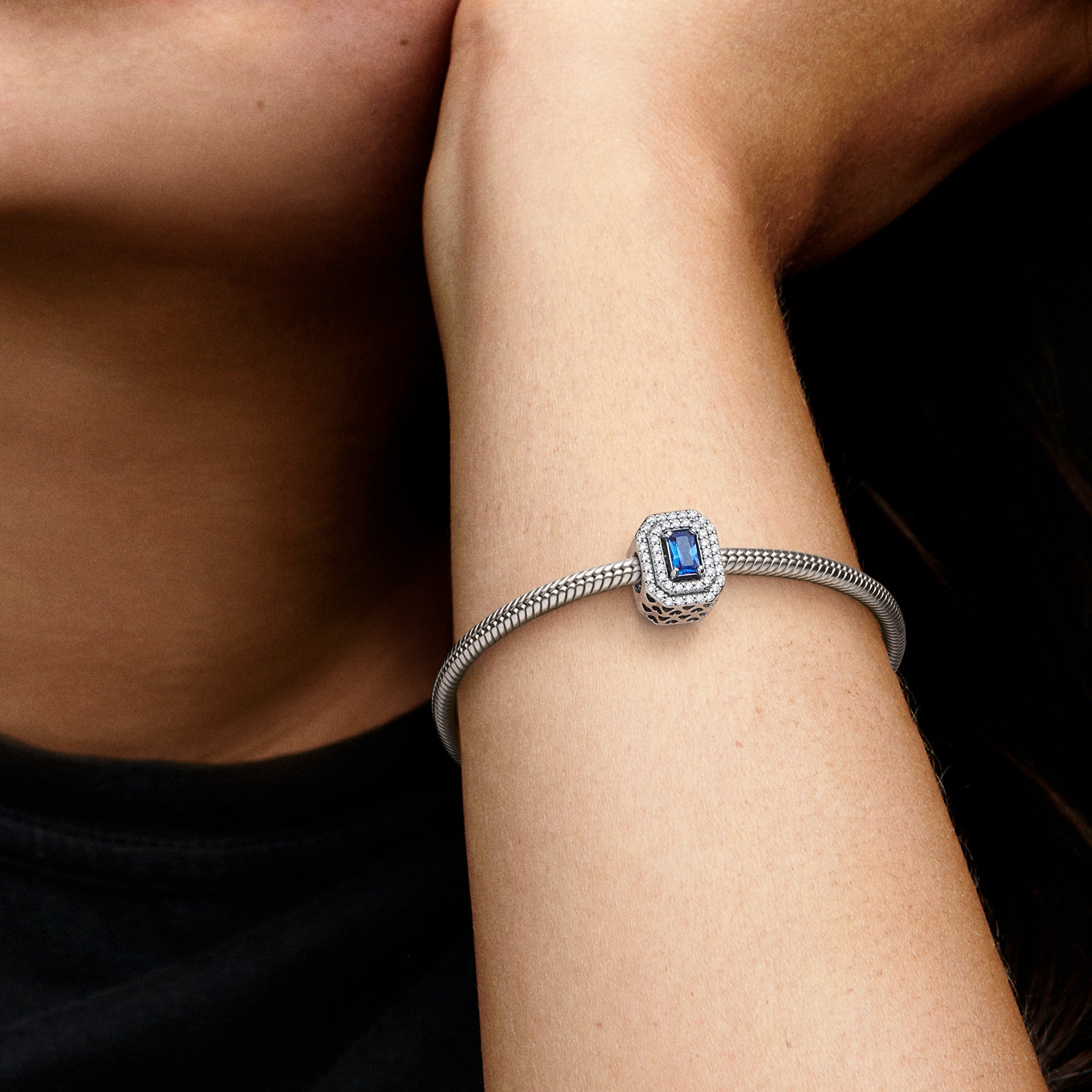 Sterling Silver Charm With Princess Blue Crystal And Clear Cubic Zirconia