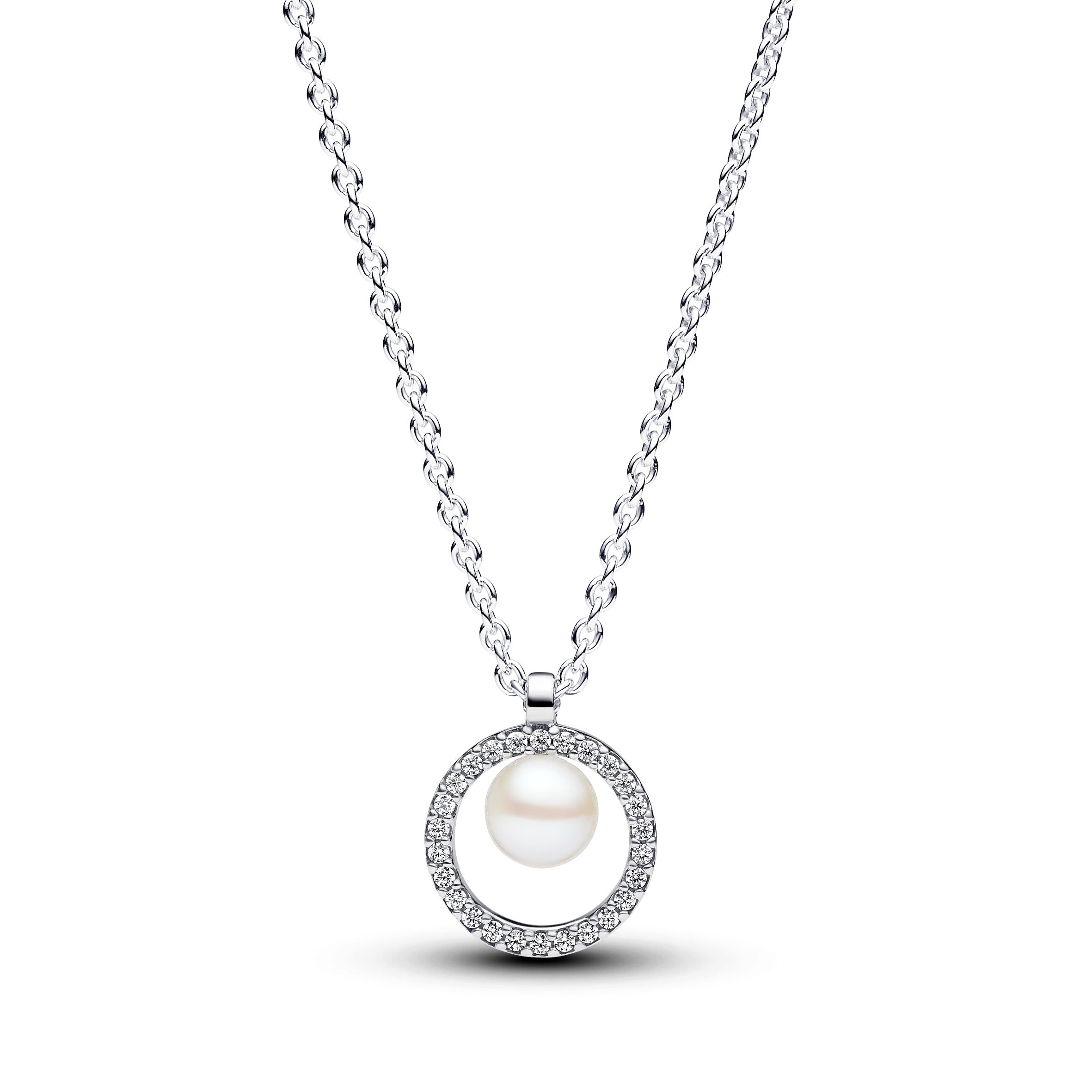 Sterling Silver Collier With White Treated Freshwater Cultured Pearl And Clear Cubic Zirconia