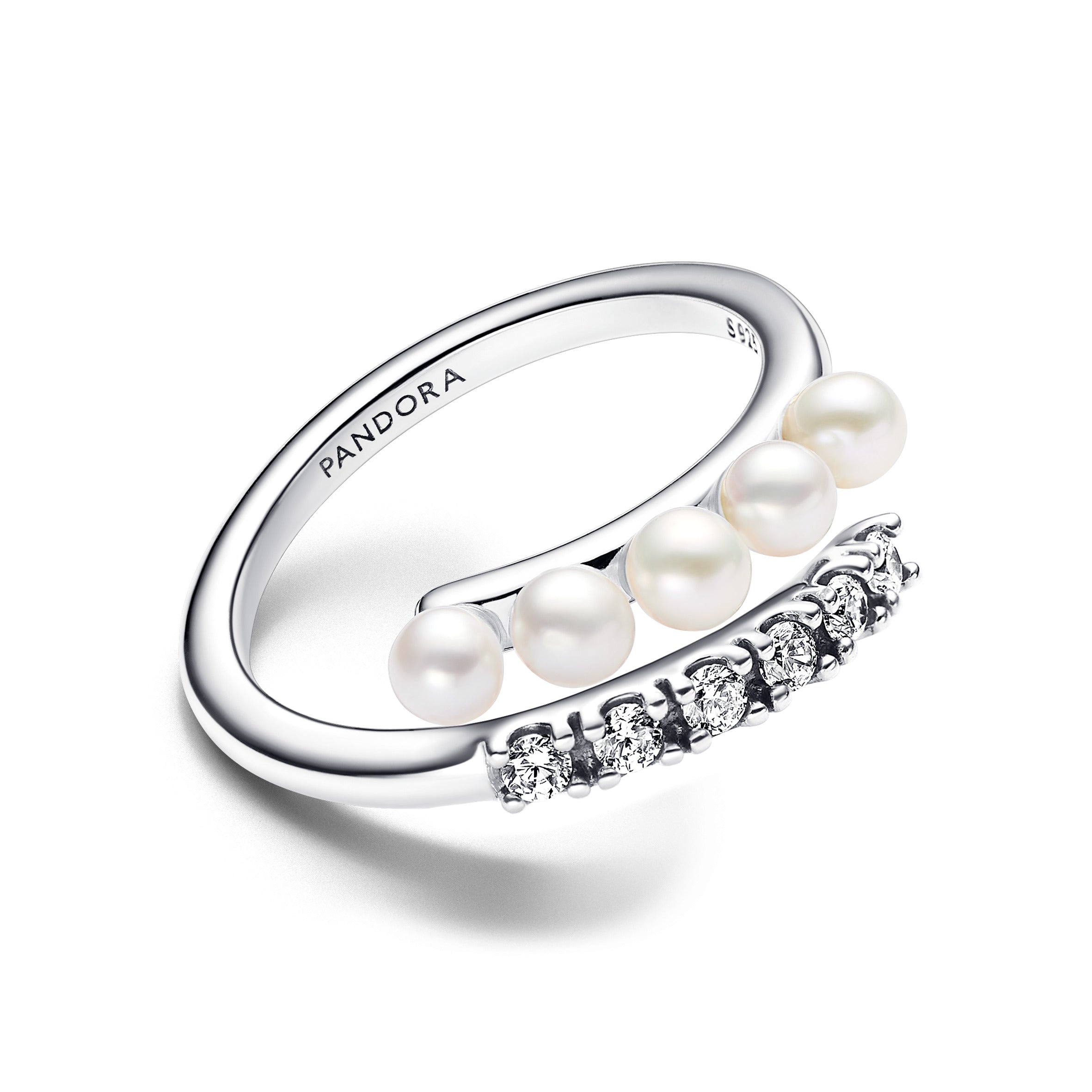 Sterling Silver Open Ring With White Treated Freshwater Cultured Pearl And Clear Cubic Zirconia