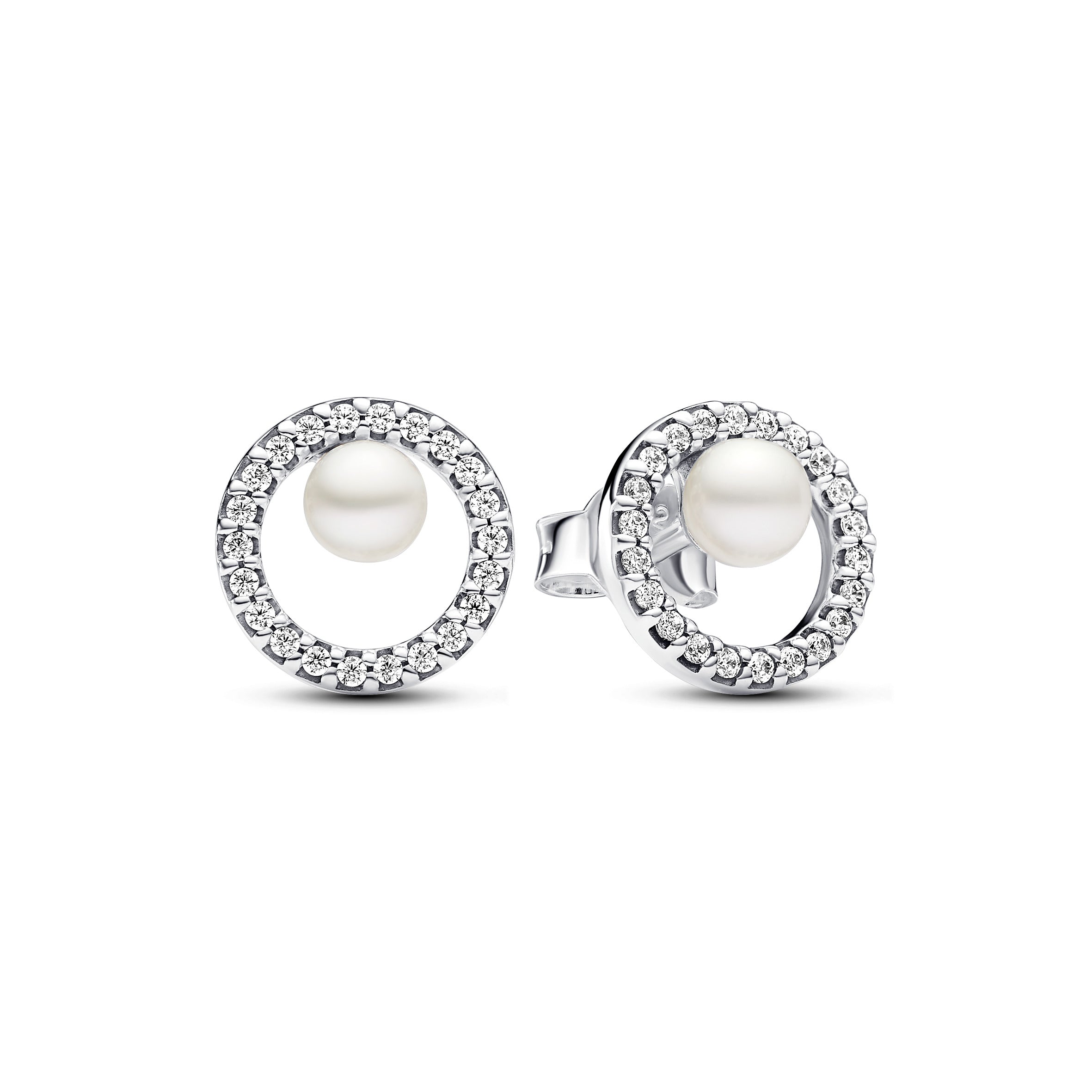 Sterling Silver Stud Earrings With White Treated Freshwater Cultured Pearl And Clear Cubic Zirconia
