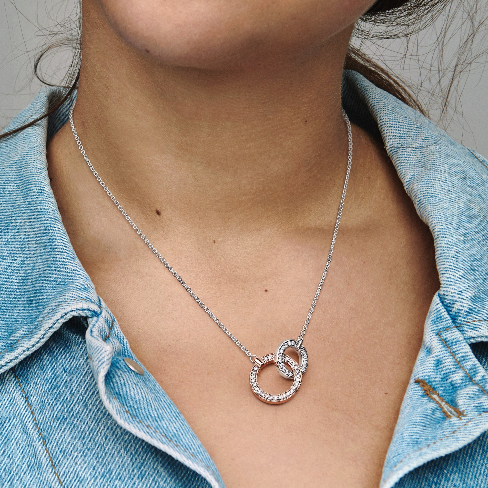 Pandora Logo Intertwined Circle Sterling Silver And 14K Rose Gold-Plated Collier With Clear Cubic Zirconia