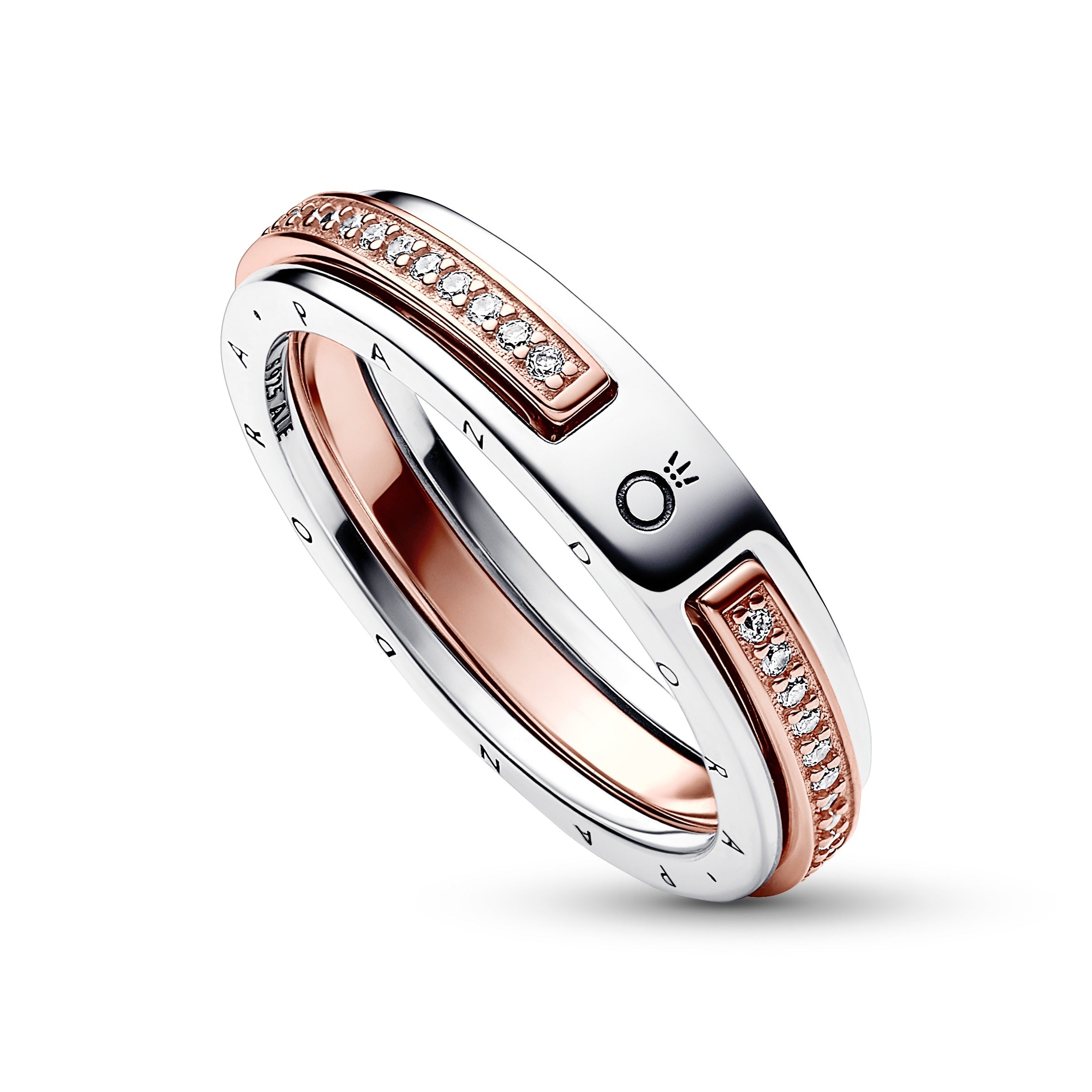 Pandora Logo Sterling Silver And 14K Rose Gold-Plated Ring With Clear Cubic Zirconia