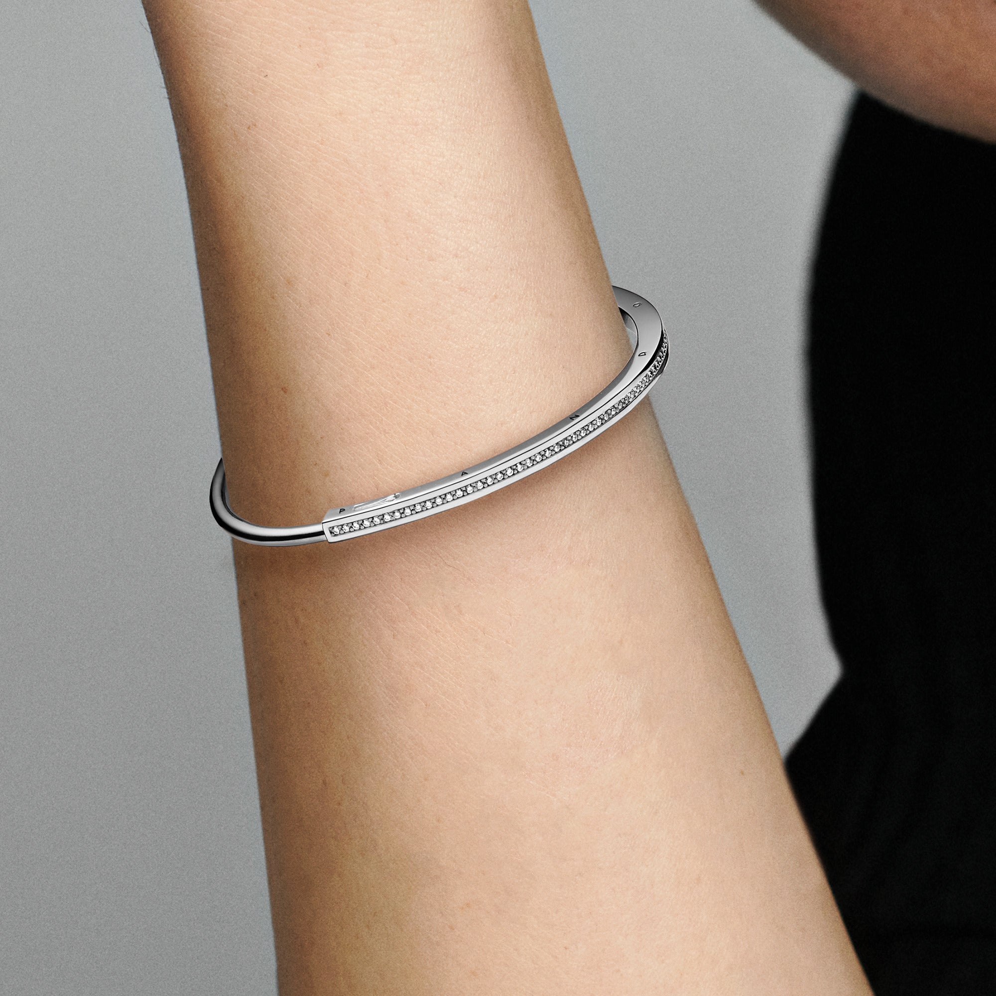 Pandora Logo Sterling Silver Bangle With Clear Cubic Zirconia