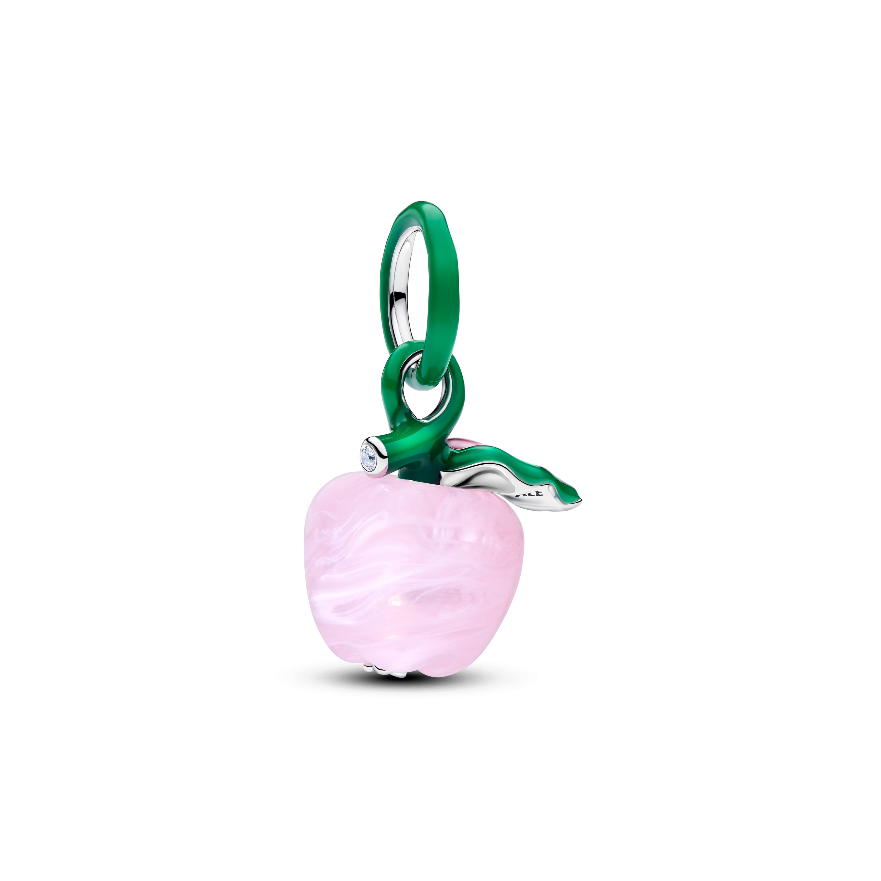Apple Sterling Silver Dangle With Clear Cubic Zirconia, Pink Murano Glass, Green And Pink Enamel