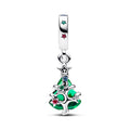 Christmas Tree Sterling Silver Dangle With Clear, Red Cubic Zirconia, Stellar Blue, Royal Green Crystal And Golden Enamel