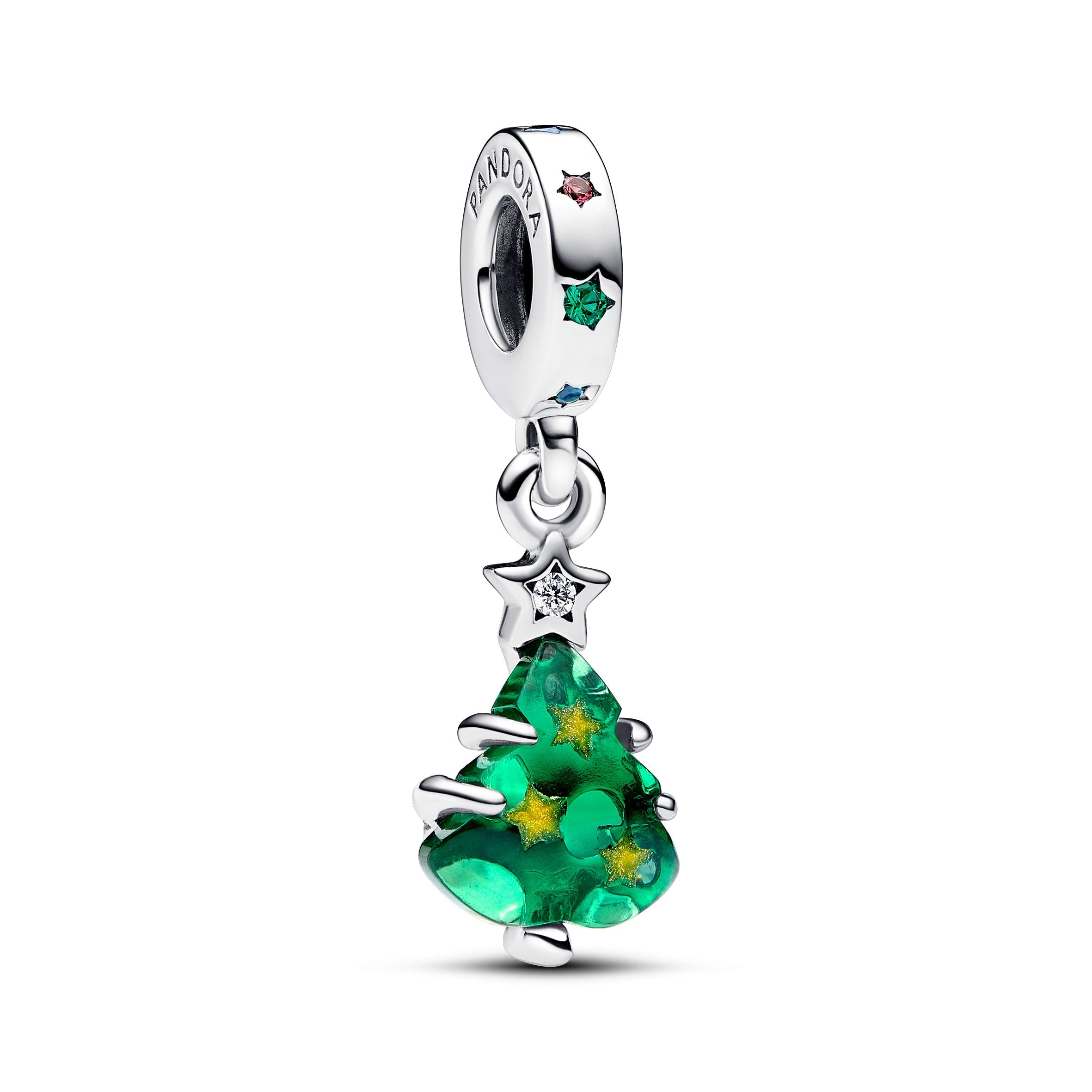 Christmas Tree Sterling Silver Dangle With Clear, Red Cubic Zirconia, Stellar Blue, Royal Green Crystal And Golden Enamel