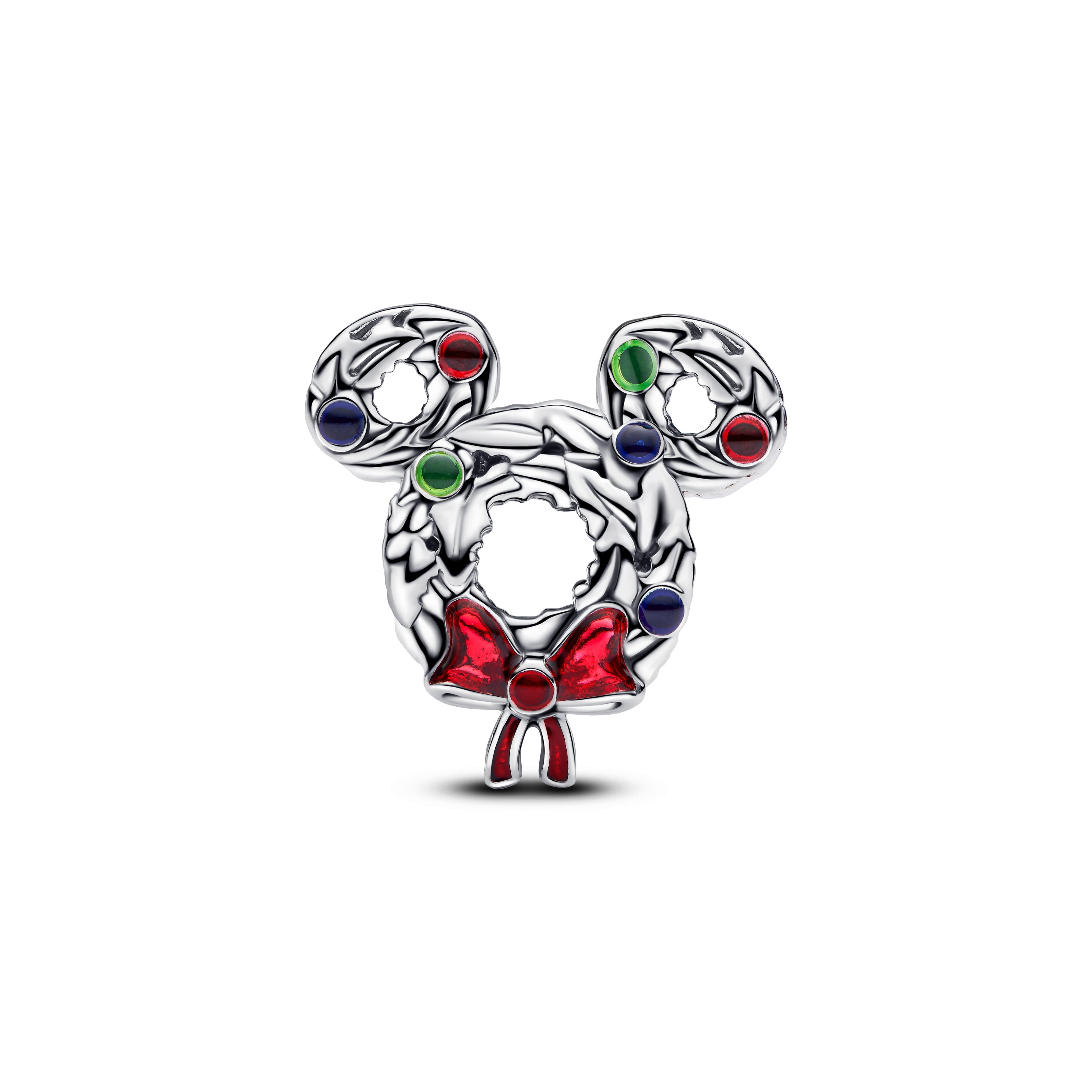 Disney Mickey Mouse Wreath Sterling Silver Charm With Transparent Blue, Red And Green Enamel