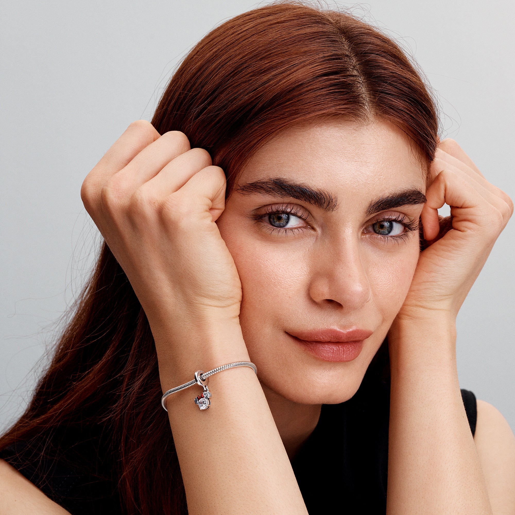 Disney Minnie Mouse Sterling Silver Dangle With Clear Cubic Zirconia And Holo Glittery Red Enamel