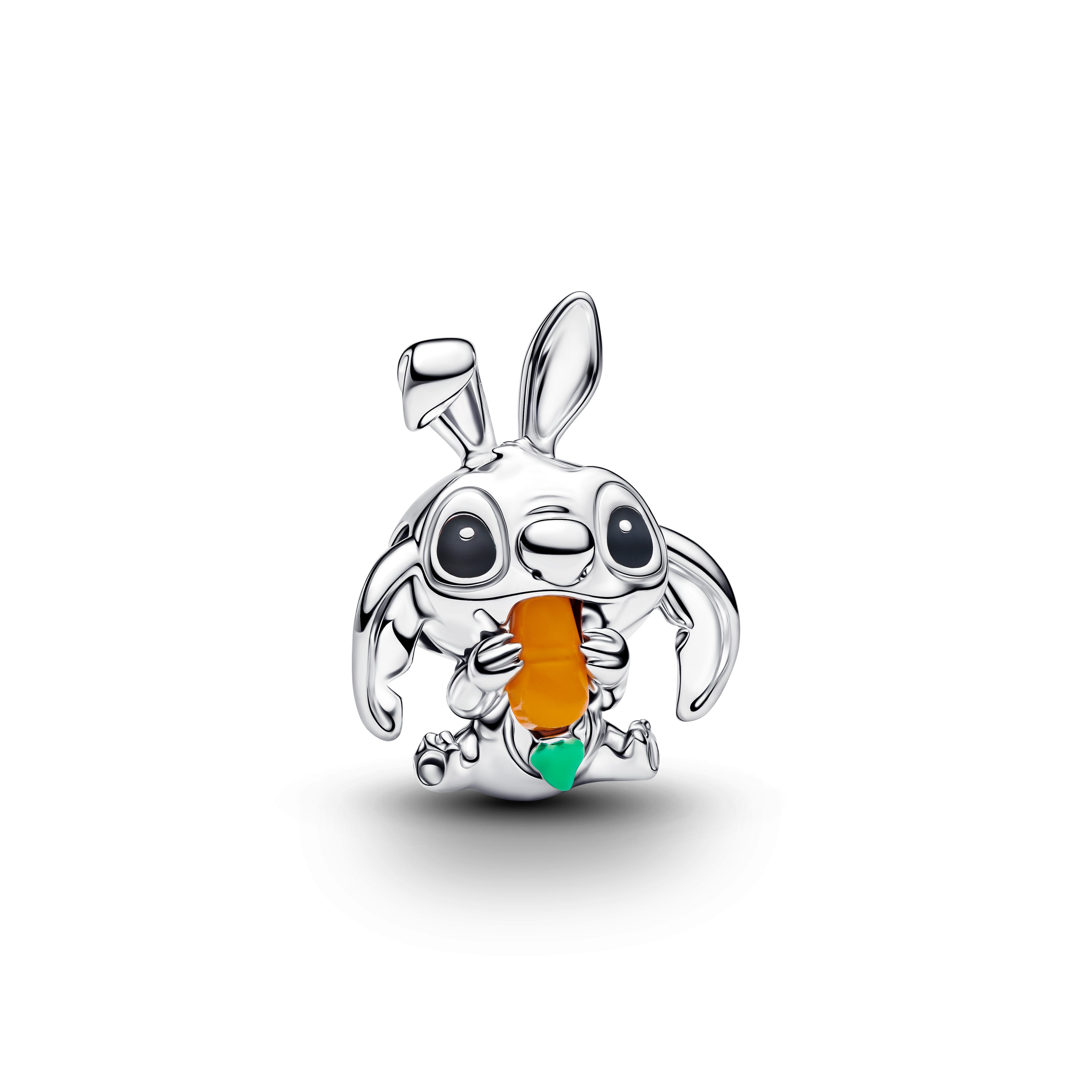 Disney Stitch Sterling Silver Charm With Orange Imitation Quartz, Black And Green Enamel