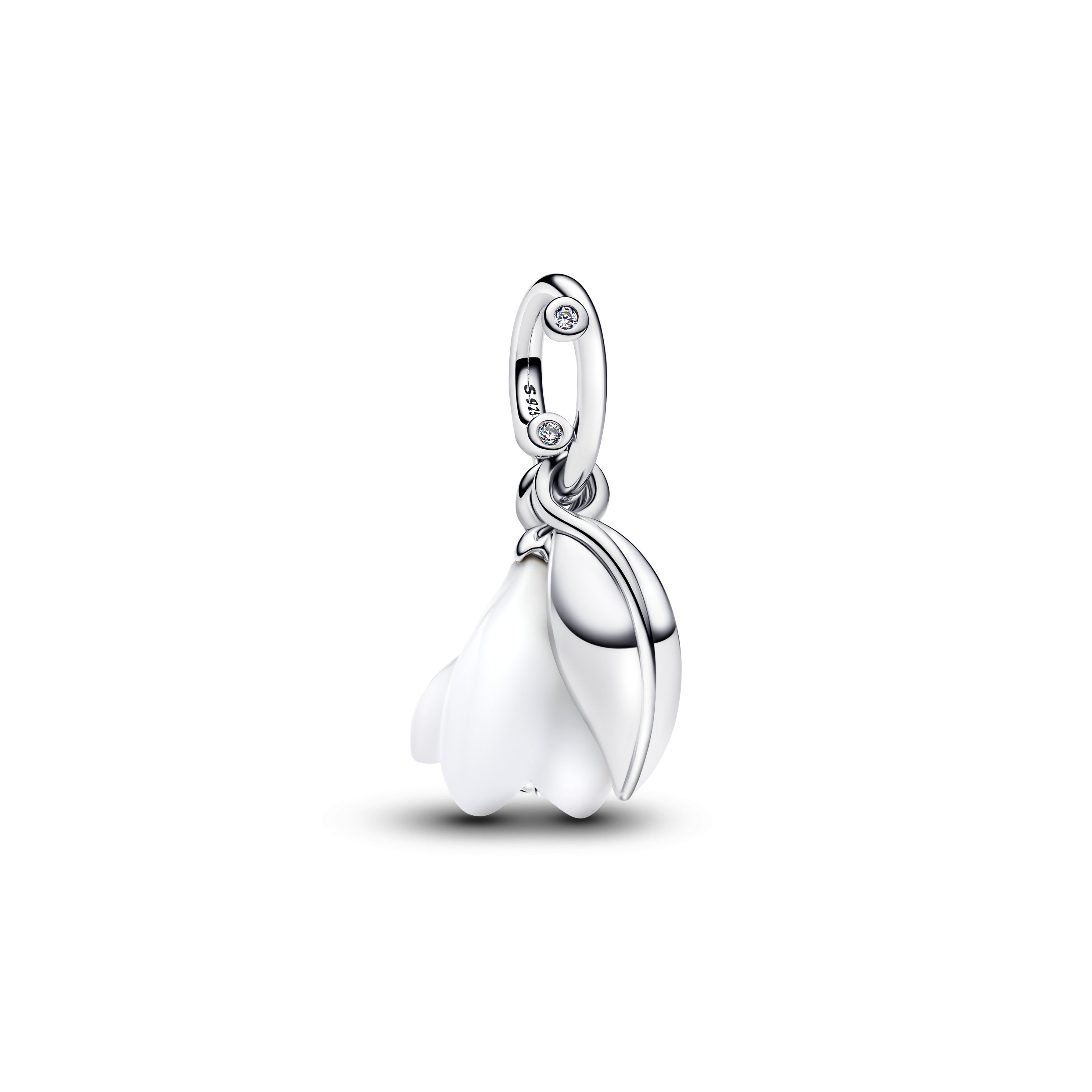 Flower Sterling Silver Dangle With Clear Cubic Zirconia And White Murano Glass
