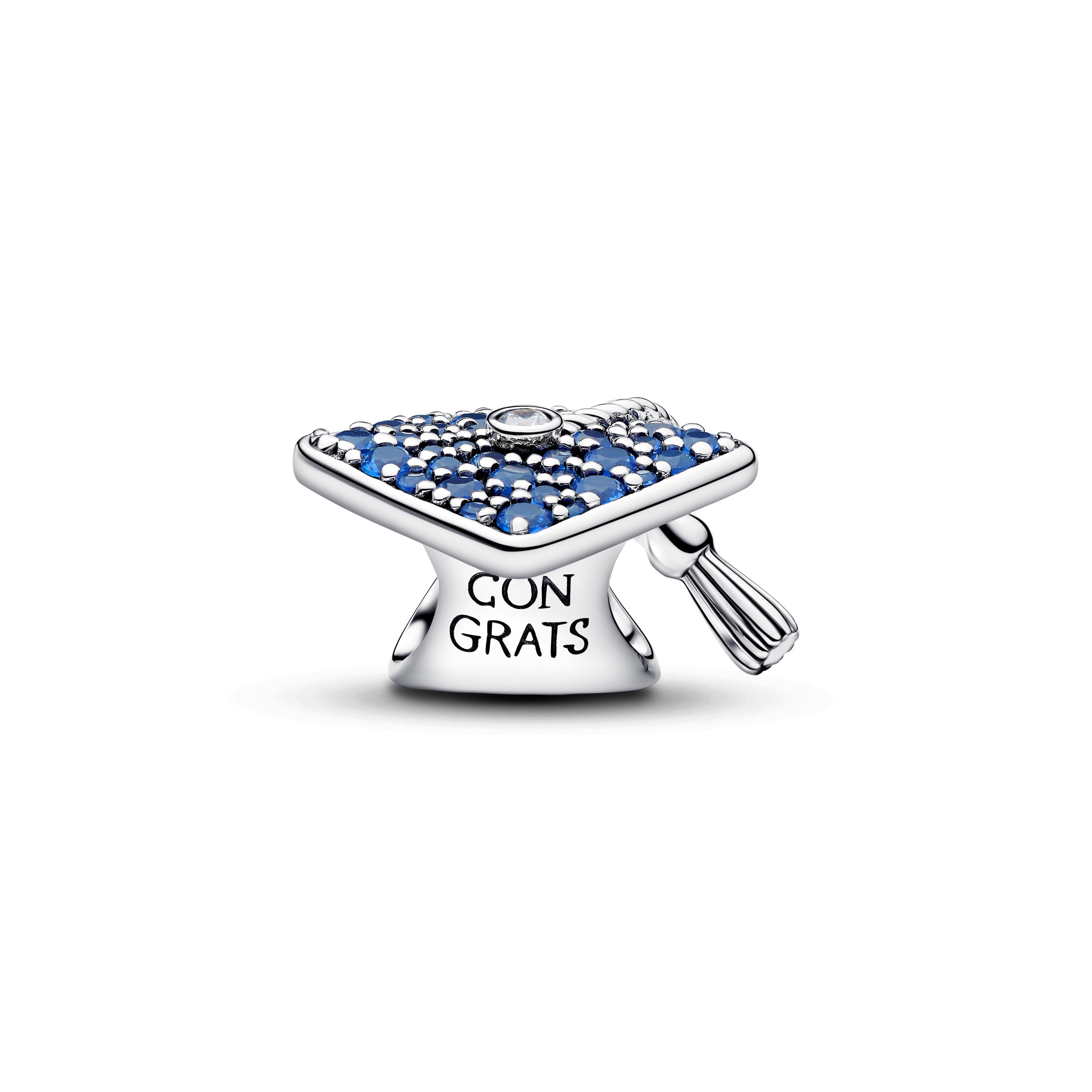 Graduation Cap Sterling Silver Charm With Stellar Blue Crystal And Clear Cubic Zirconia