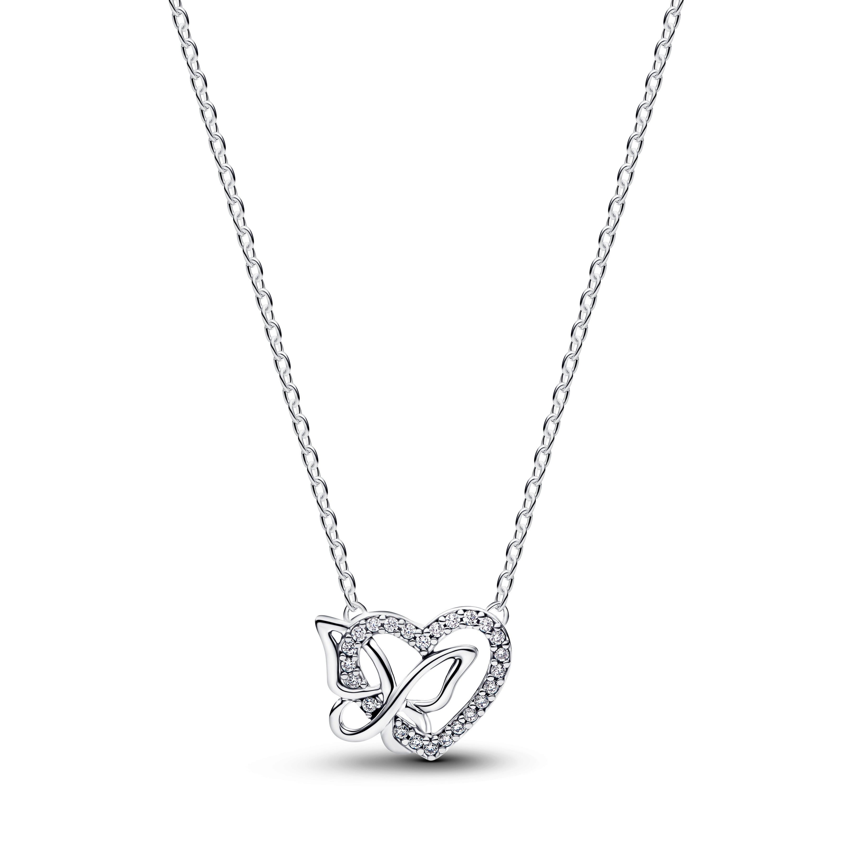 Heart And Butterfly Sterling Silver Collier With Clear Cubic Zirconia
