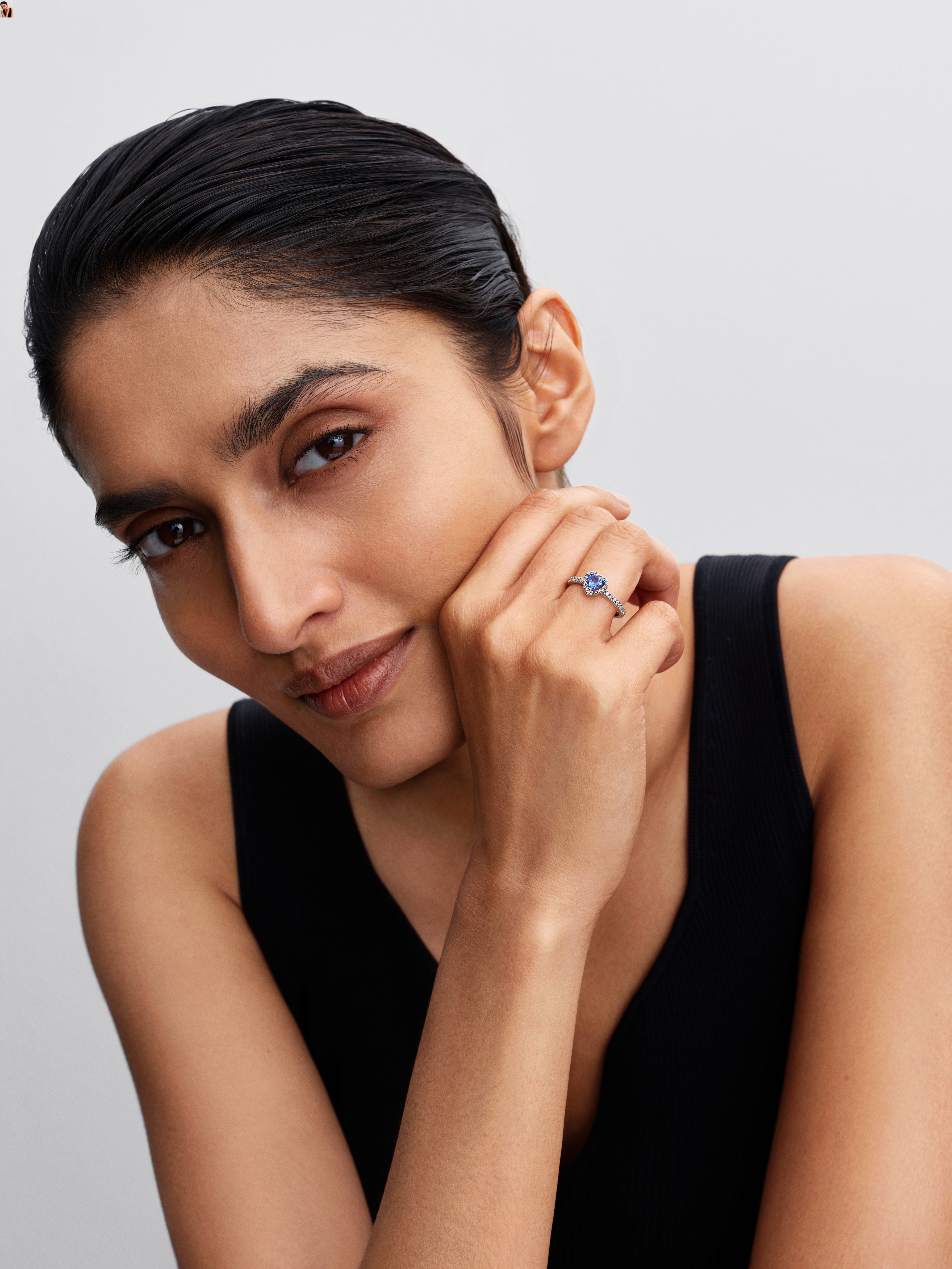 Heart Sterling Silver Ring With Cornflower Blue Crystal  And Clear Cubic Zirconia