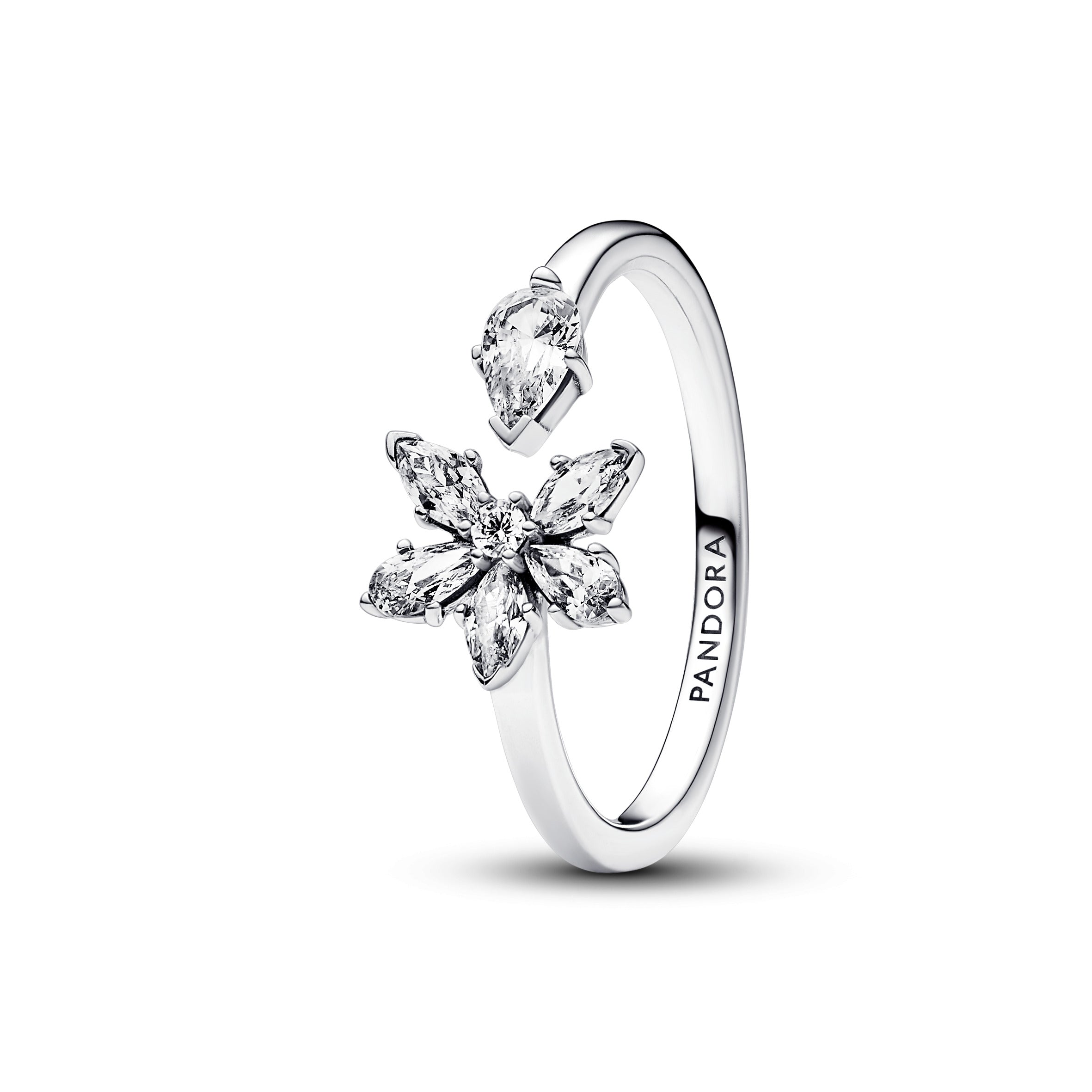 Herbarium Cluster Sterling Silver Open Ring With Clear Cubic Zirconia