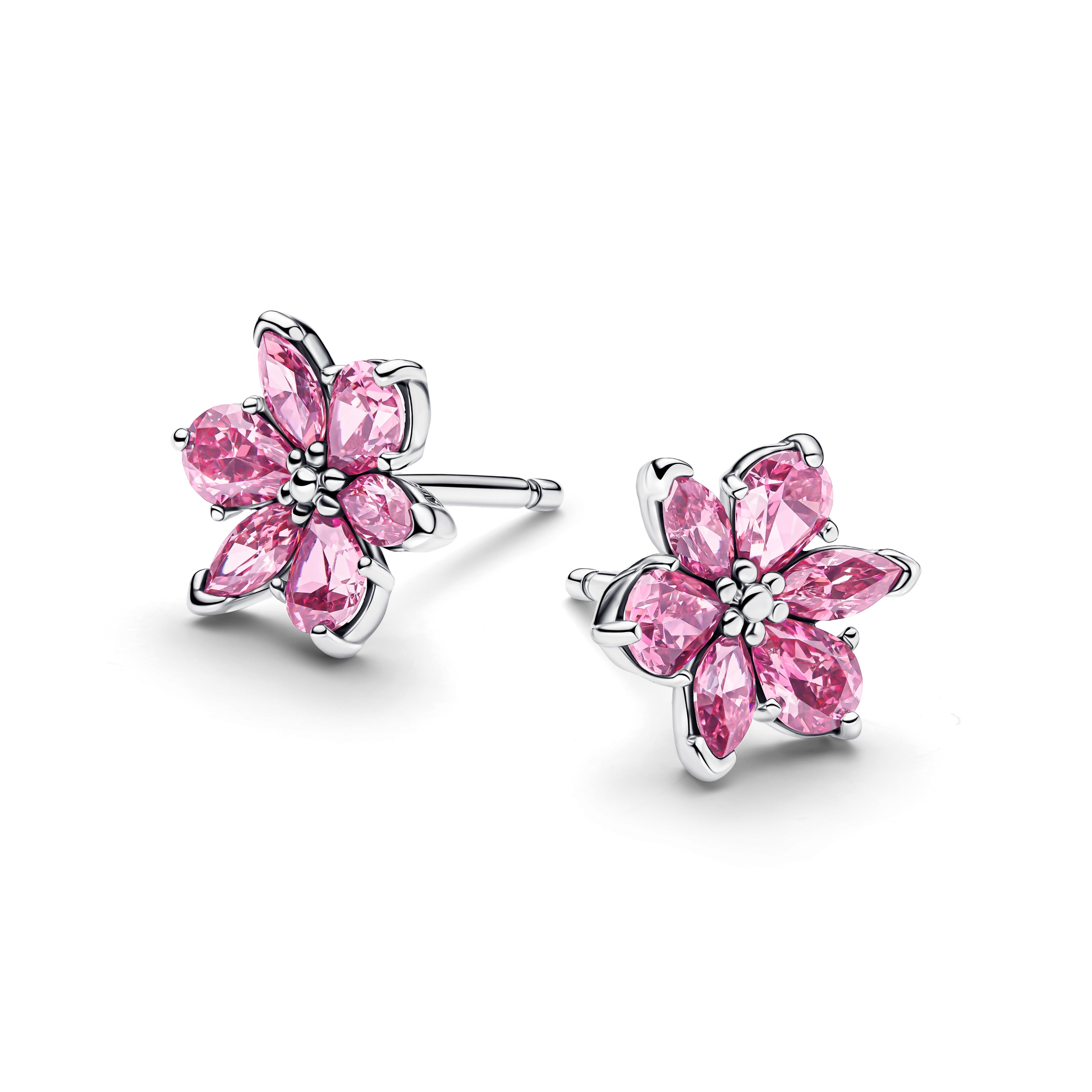 Herbarium Cluster Sterling Silver Stud Earrings With Fancy Pink Cubic Zirconia