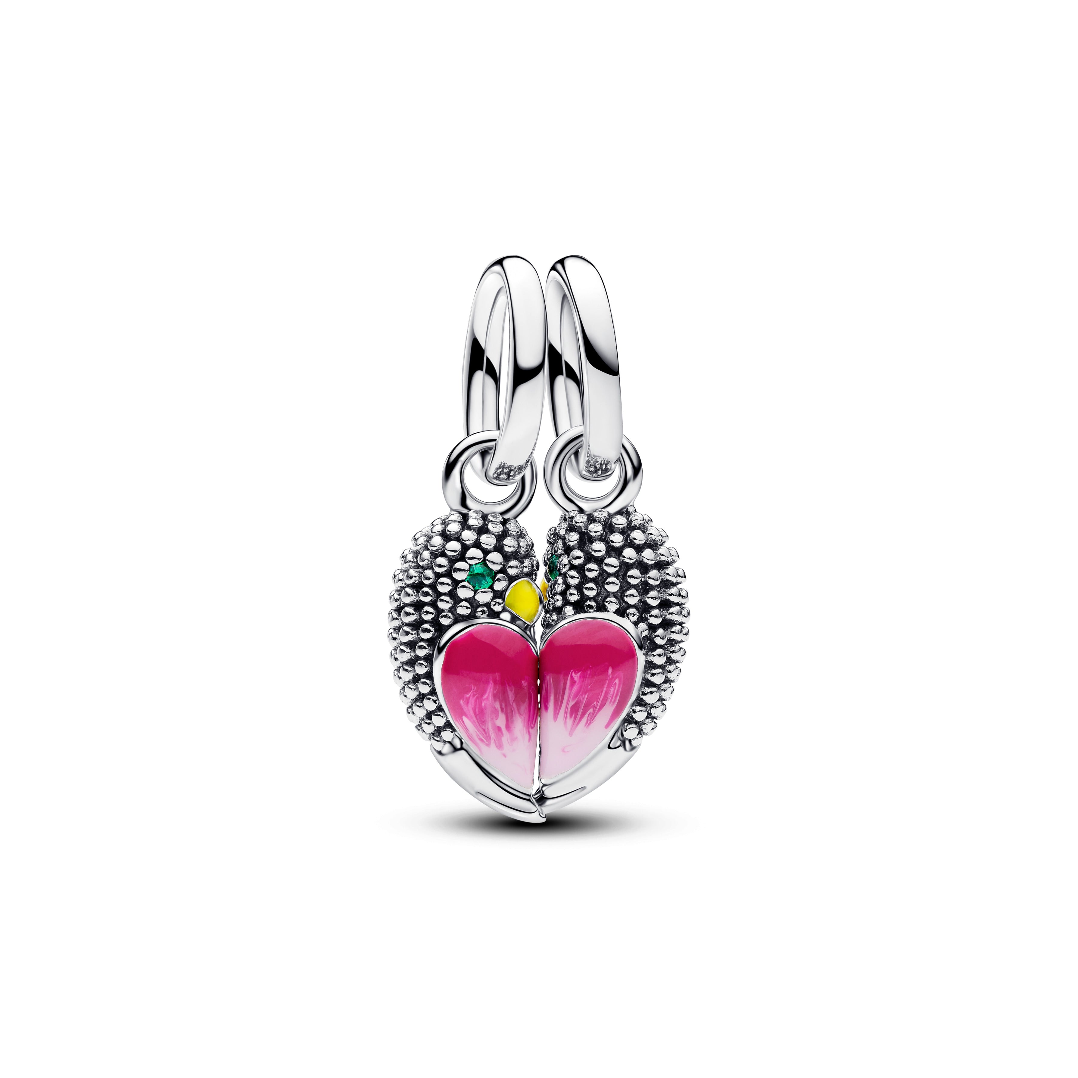 Magnetic Love Birds Sterling Silver Splittable Dangle With Royal Green Crystal, Yellow And Shaded Pink Enamel