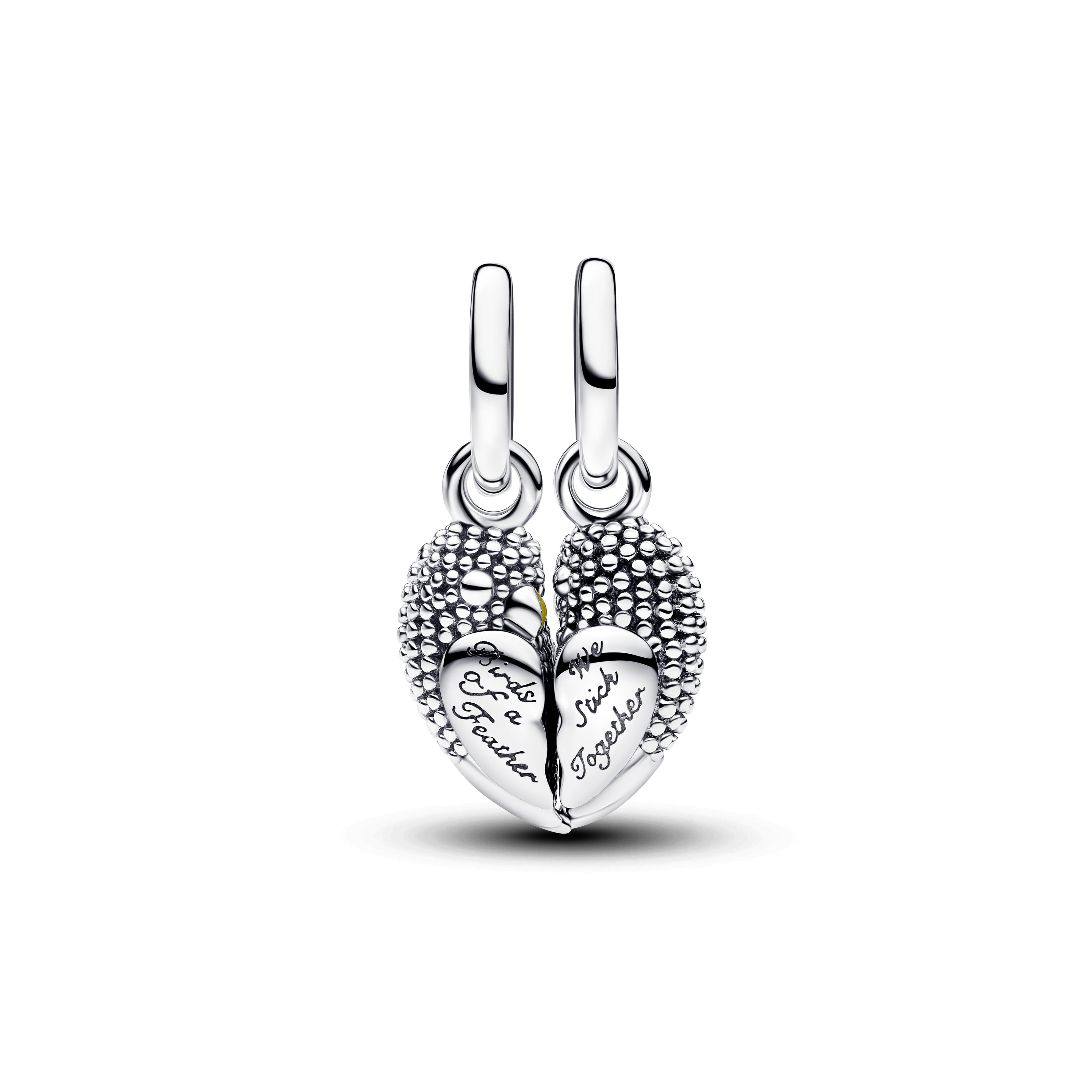 Magnetic Love Birds Sterling Silver Splittable Dangle With Royal Green Crystal, Yellow And Shaded Pink Enamel