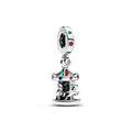 Moveable Carousel Sterling Silver Dangle With Glittery Red And Green Enamel, Red Cubic Zirconia, Green And Blue Crystal