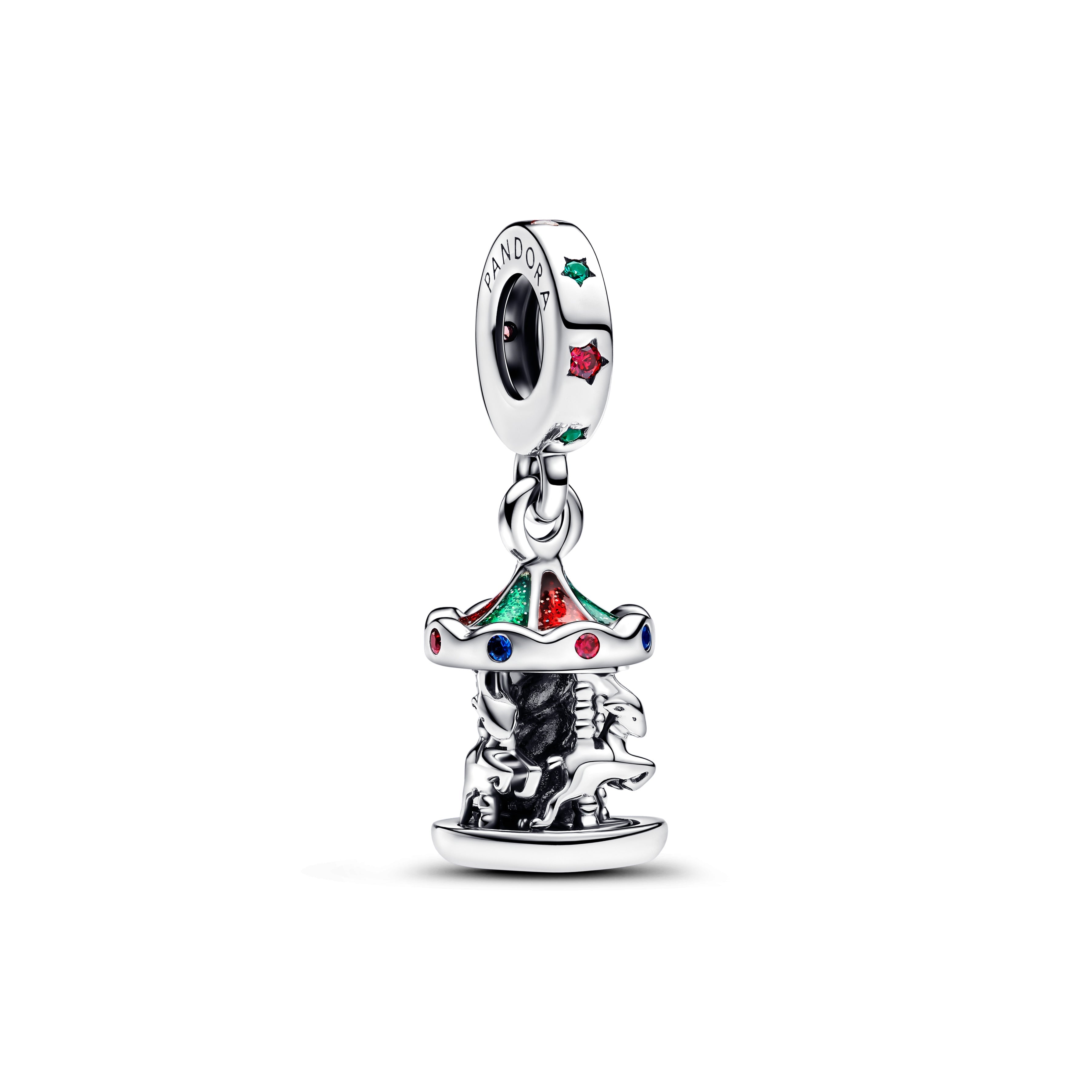 Moveable Carousel Sterling Silver Dangle With Glittery Red And Green Enamel, Red Cubic Zirconia, Green And Blue Crystal